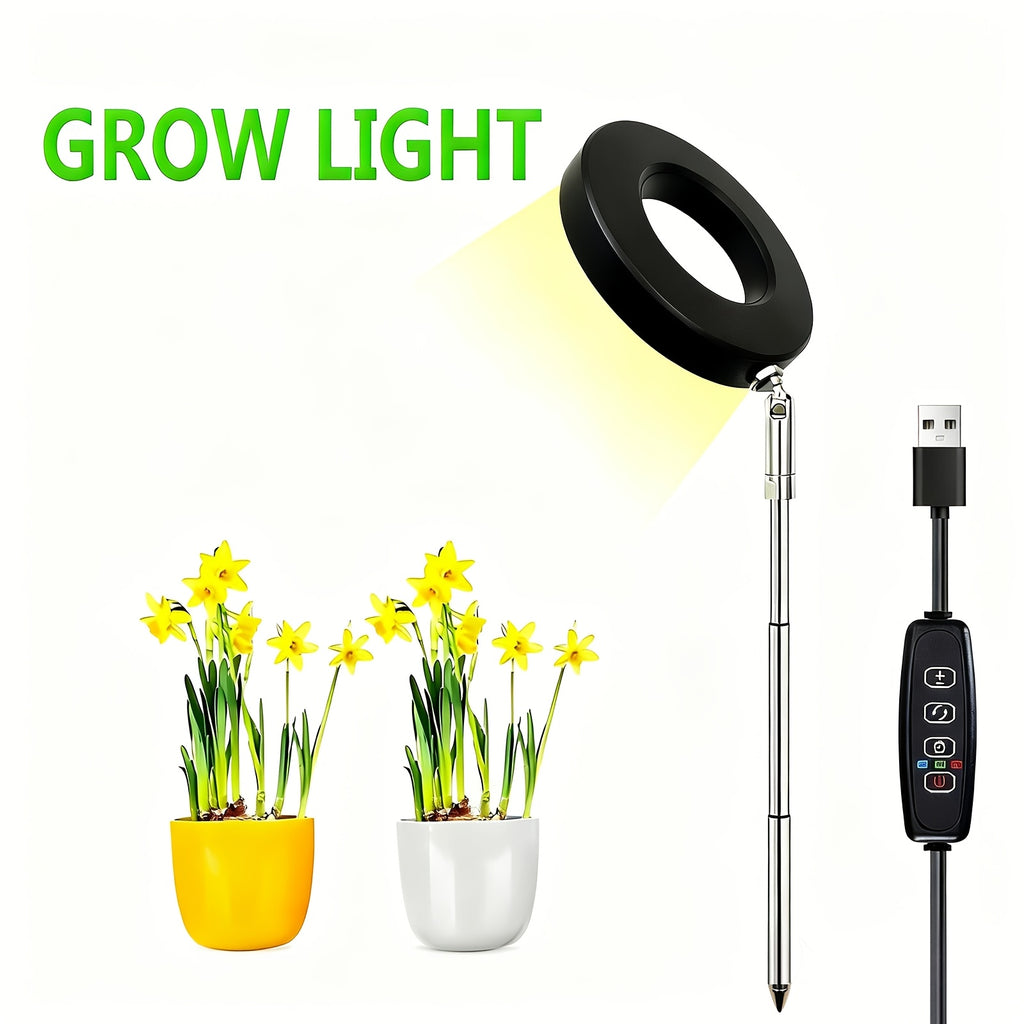 Indoor LED Plant Grow Light, Full Spectrum Ring Grow Light, 3 Colors, 10 Dimmable Levels, Auto Timer, USB Powered, Height Adjustable, Ideal for Succulents and Small Plants