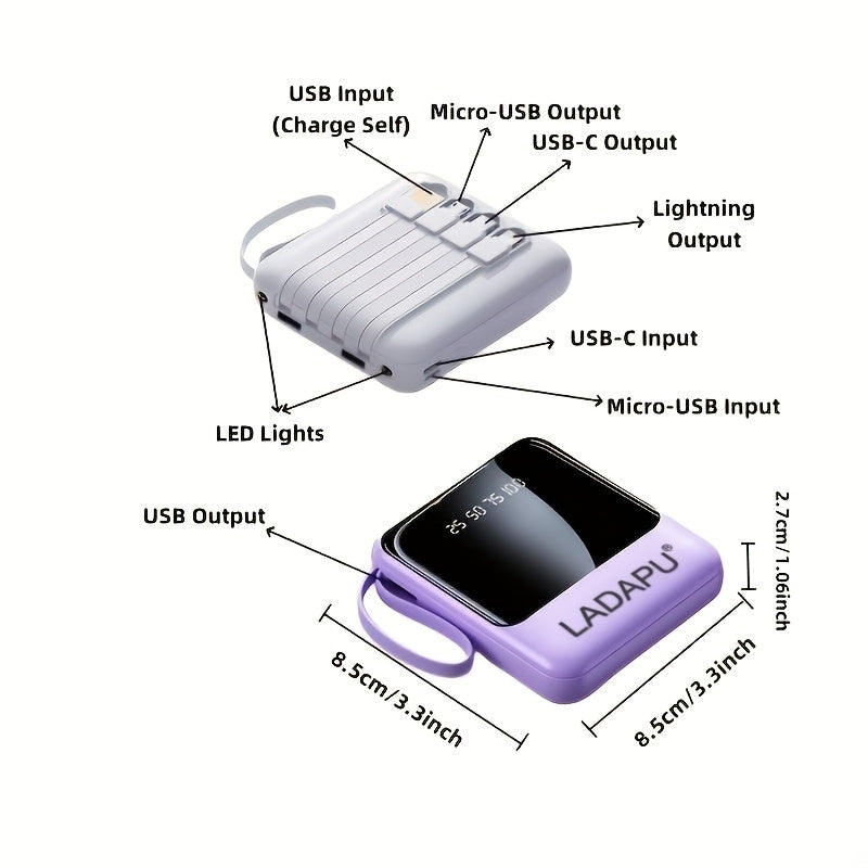 LADAPU 10000mAh Mini Cute 5W Slow Charging/15W Fast Charging/22.5W Super Fast Charging Power Bank, Large Capacity Rechargeable Portable Mobile Phone Charger, Built-in 4-in-1 Detachable Cable, Ultra-bright LED Light, Outdoor Travel Battery Packs