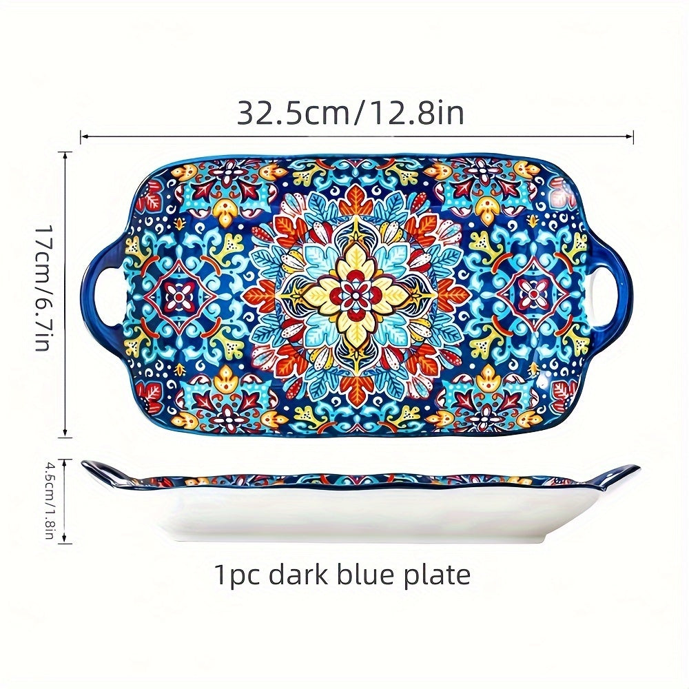 1 Piece Ceramic Bohemian Style 12.8-Inch Fish Plate with Double Handles – Kitchen Serving Platter – Rectangular Baking Dish Safe for Microwave & Oven