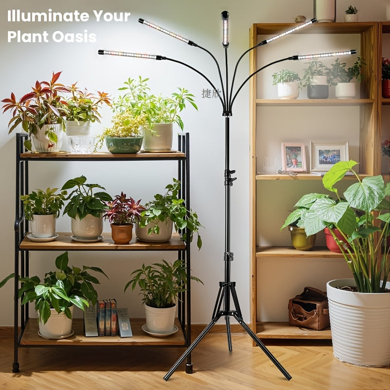 Triangle Stand Strip Plant Grow Light, 5-Head Rotatable Gooseneck Dimmable Timing Plant Light, 2.1m Height with USB Cable, Adjustable Brightness & Height, High Lumen, Indoor Supplemental Grow Light for Living Room