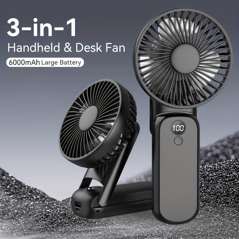 6000mAh Portable Handheld Fan, 180° Foldable 5 Speed Adjustable, 6-22H Working Time, USB Rechargeable Mini Desktop Fan, Foldable Personal Cooling Fan for Travel Summer Outdoor Home Office