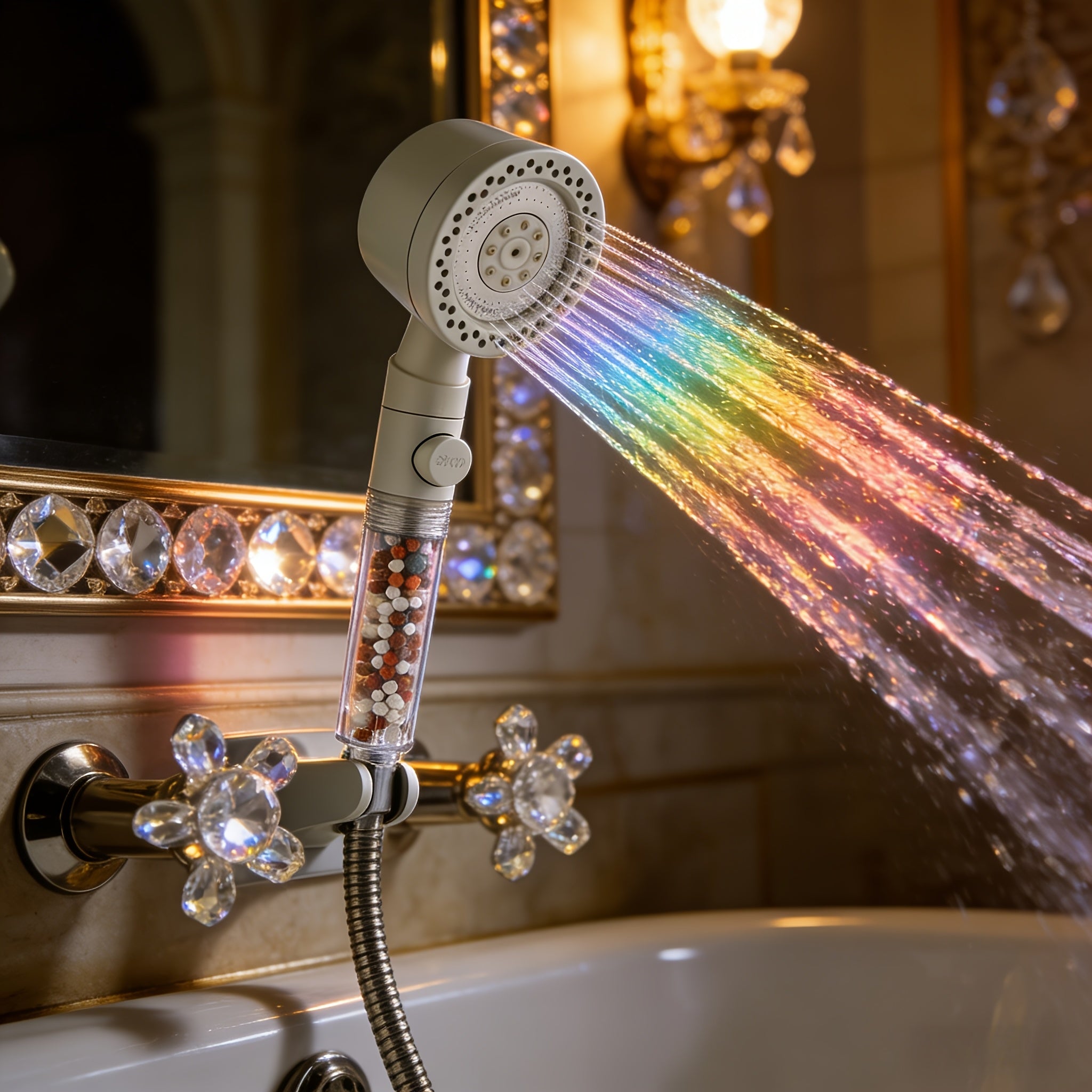 German Quality Handheld Shower Head - High Pressure Cream White, 5 Spray Modes, Built-in Filter Beads, Polished Finish, Luxury Bathroom Shower Accessory - For Shower Use Only
