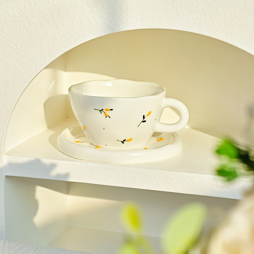 1 Set Creative Simple Hand-Pinched Hand-Painted 3D Relief Cherry Blueberry Lemon Ceramic Coffee Cup & Saucer for Home Use