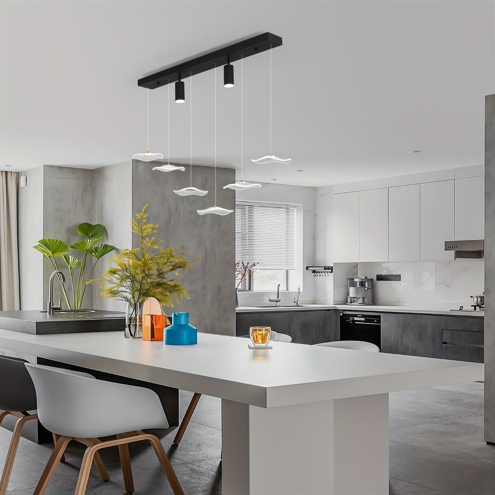 Enkerr modern style 6-head dimmable LED pendant light, with remote control, adjustable color temperature (3000K-6000K) and brightness, infrared remote control, memory function, large ceiling light suitable for kitchen island