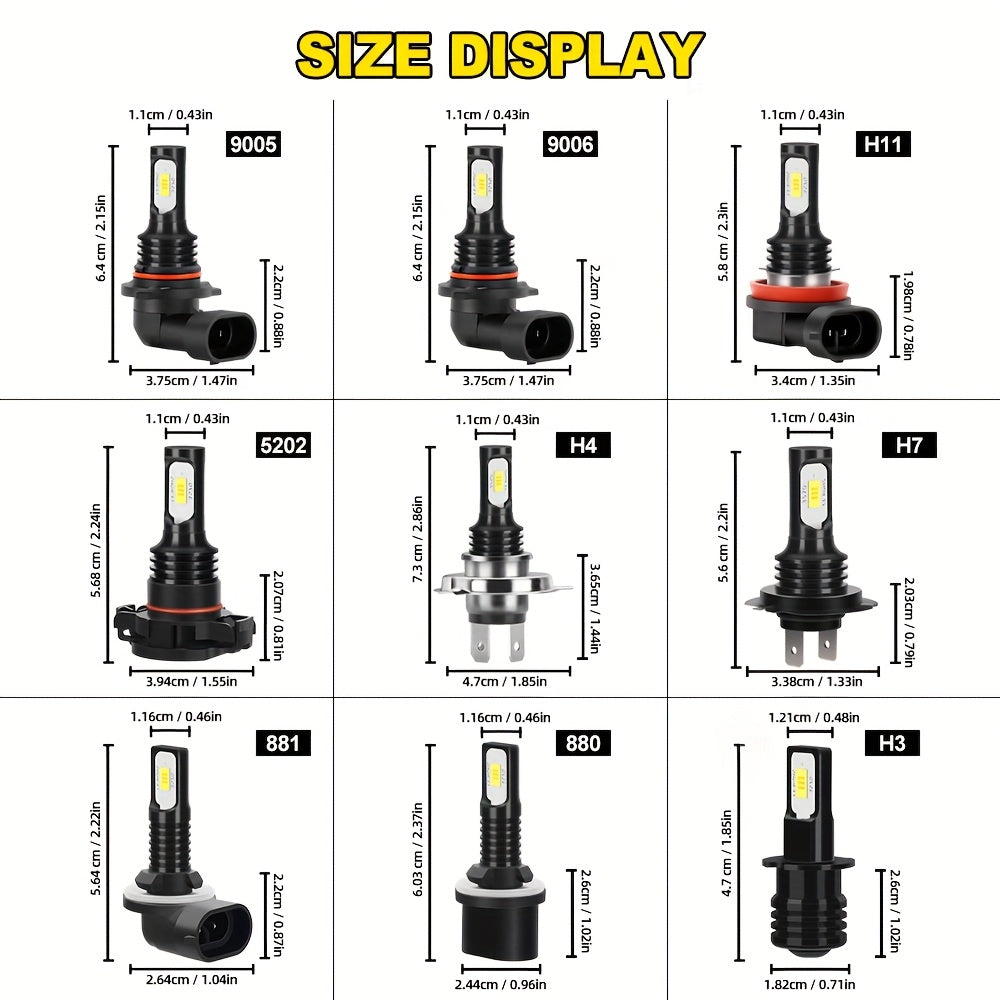 Set of 2 LED Car Headlight Bulbs, Compatible with H3, H4, H7, H11, 5020, 9005/HB3, 9006/HB4, 880 and 881, Provides 60000 Lumens and 250W Brightness, Easy to Install, Compact Design, No Battery Needed, Battery Not Included