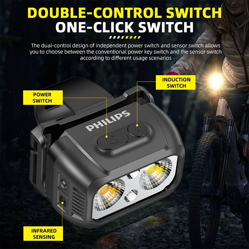 1P Philips Bike Headlight & Camping Light, Warm White Dual Light Modes, Multi-Level Dimming, Smart Motion Sensor, Wave Activated On/Off, Red & Blue Warning Light Function, Large Capacity Battery Long Endurance