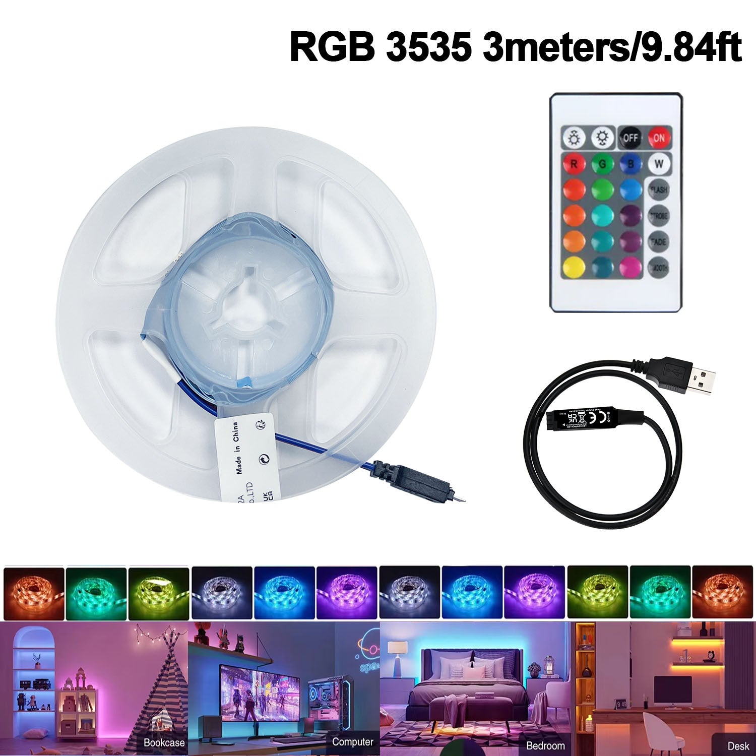 USB RGB LED电视背光灯套装，3535贴片柔性灯带配24键遥控器，可调光氛围灯，适用于32-65英寸电视及电脑显示器，自带背胶易于安装