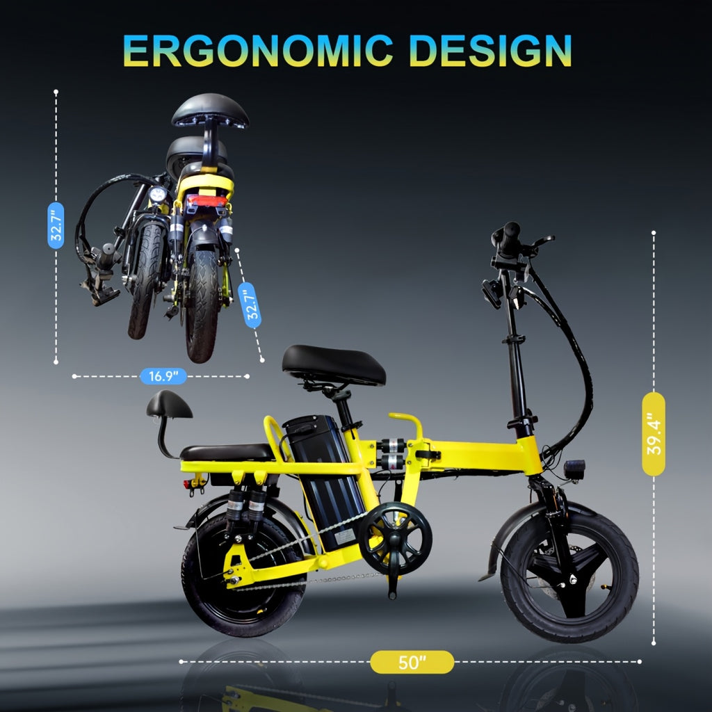 750W重型折叠电动自行车 - 带前篮、后架及快速折叠机制 - 20-28英里/小时速度，全天续航 - 轻量合金钢框架 - 兼容美式插座 - 适合城市通勤、山地骑行、休闲出行 - 黄色电动自行车