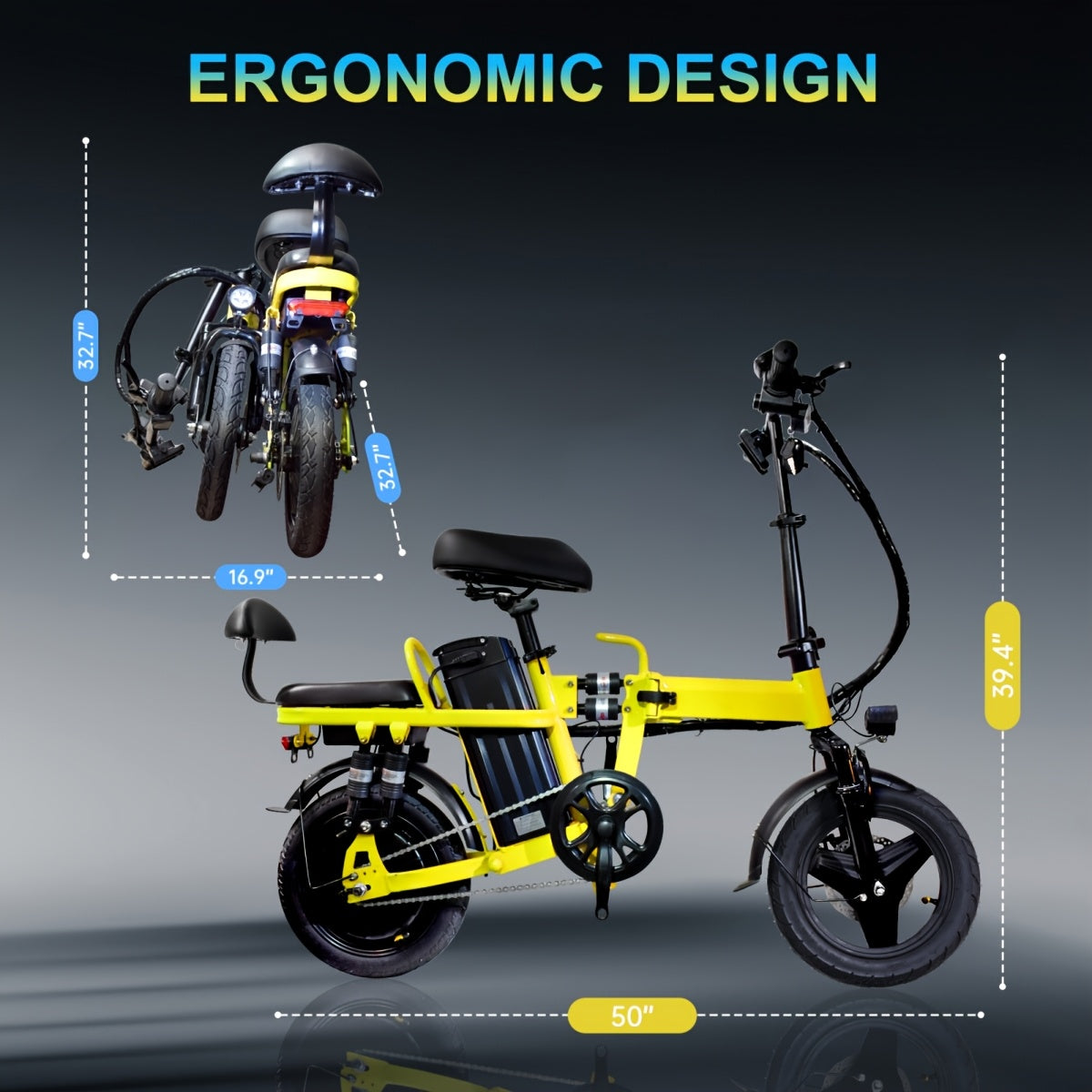 750W重型折叠电动自行车 - 带前篮、后架及快速折叠机制 - 20-28英里/小时速度，全天续航 - 轻量合金钢框架 - 兼容美式插座 - 适合城市通勤、山地骑行、休闲出行 - 黄色电动自行车