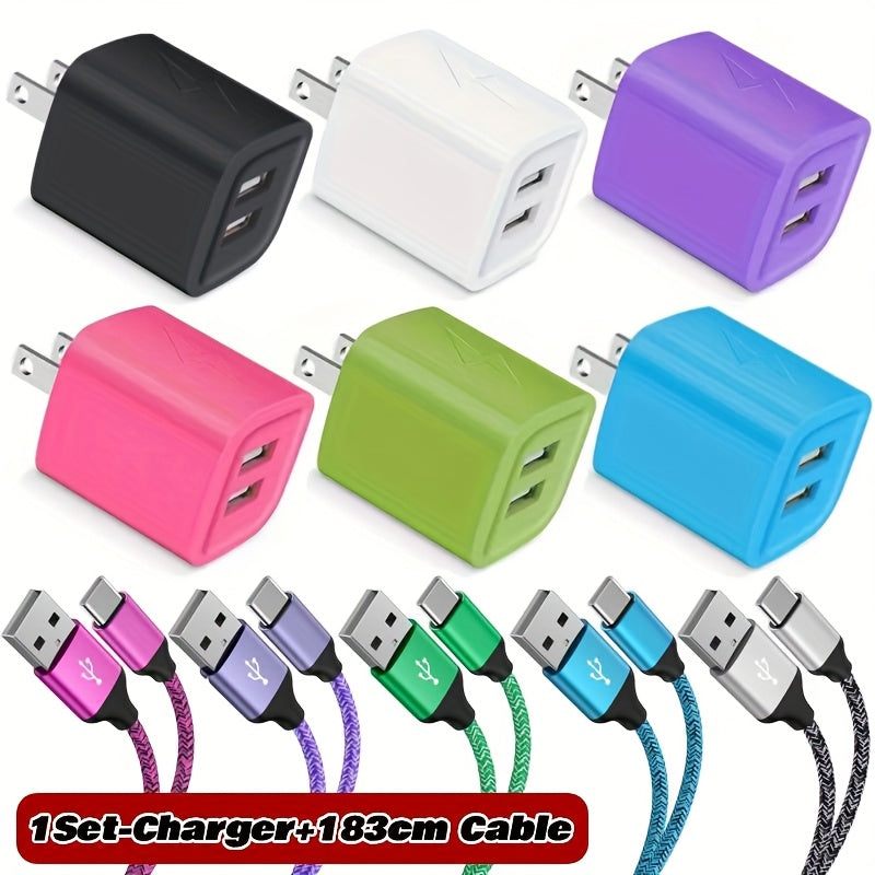 2pcs/set Wall Charger Plug with 6.0ft Cable, USB Charging Box, 2.1A 10.5W 2- Way USB Adapter Power Plug, Charging Station Socket, Suitable for Type-C Port Devices
