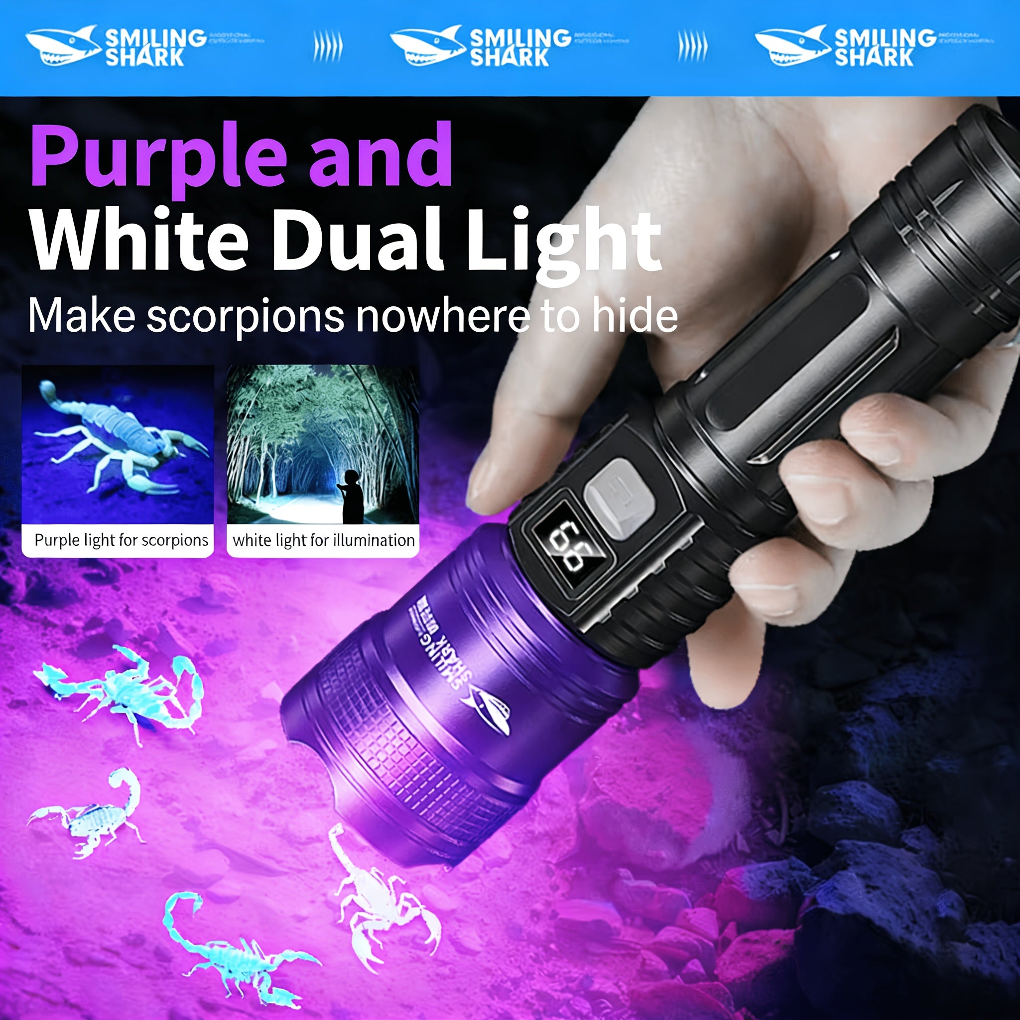 New Rechargeable UV Flashlight XPE LED Zoom Torch White Purple Dual Light 5 Modes Scorpion Fluorescent Detection Light High Power Flashlight for Night Lighting