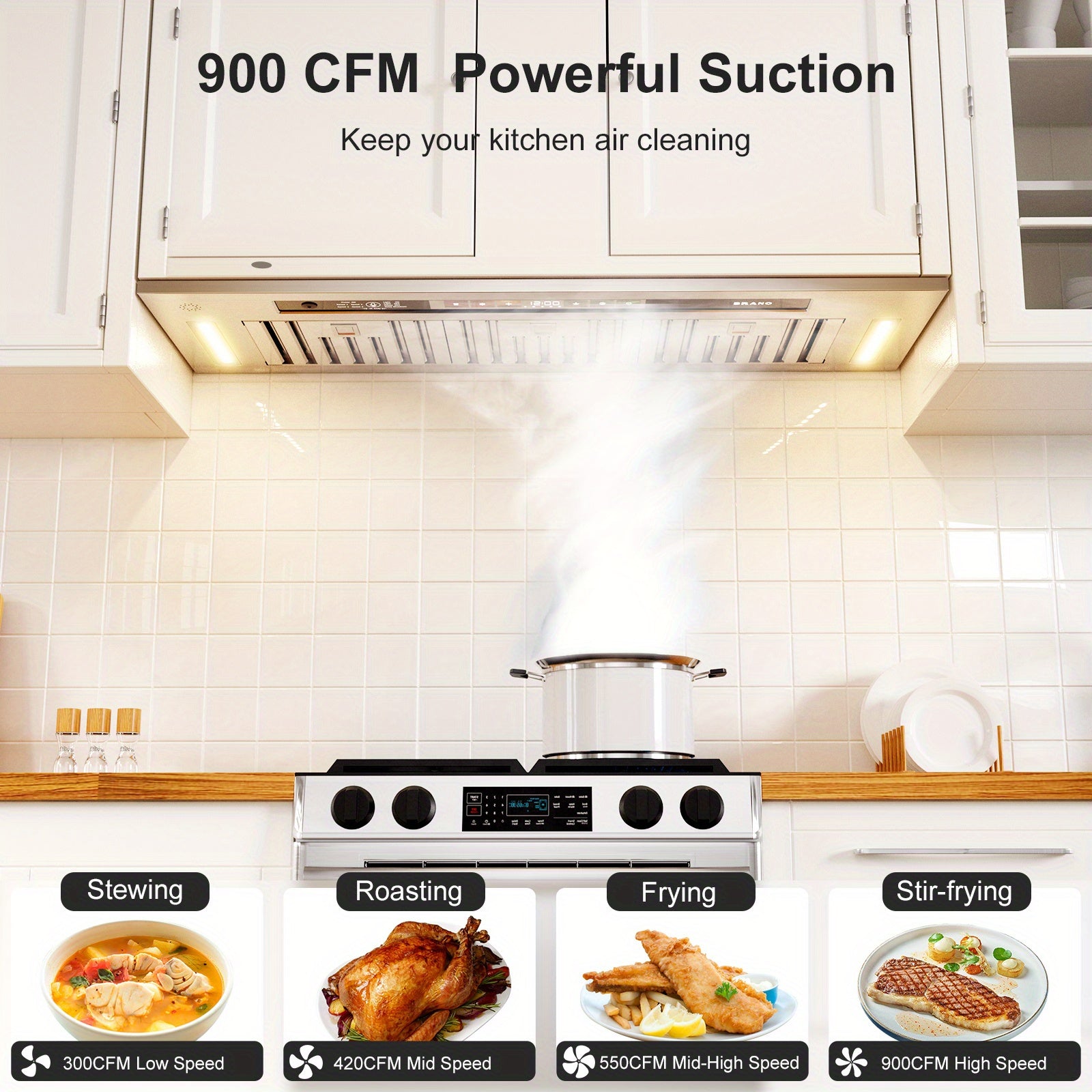 36-Inch Built-In Range Hood – 900 CFM Stainless Steel Insert Range Hood, Convertible Ducted/Ductless