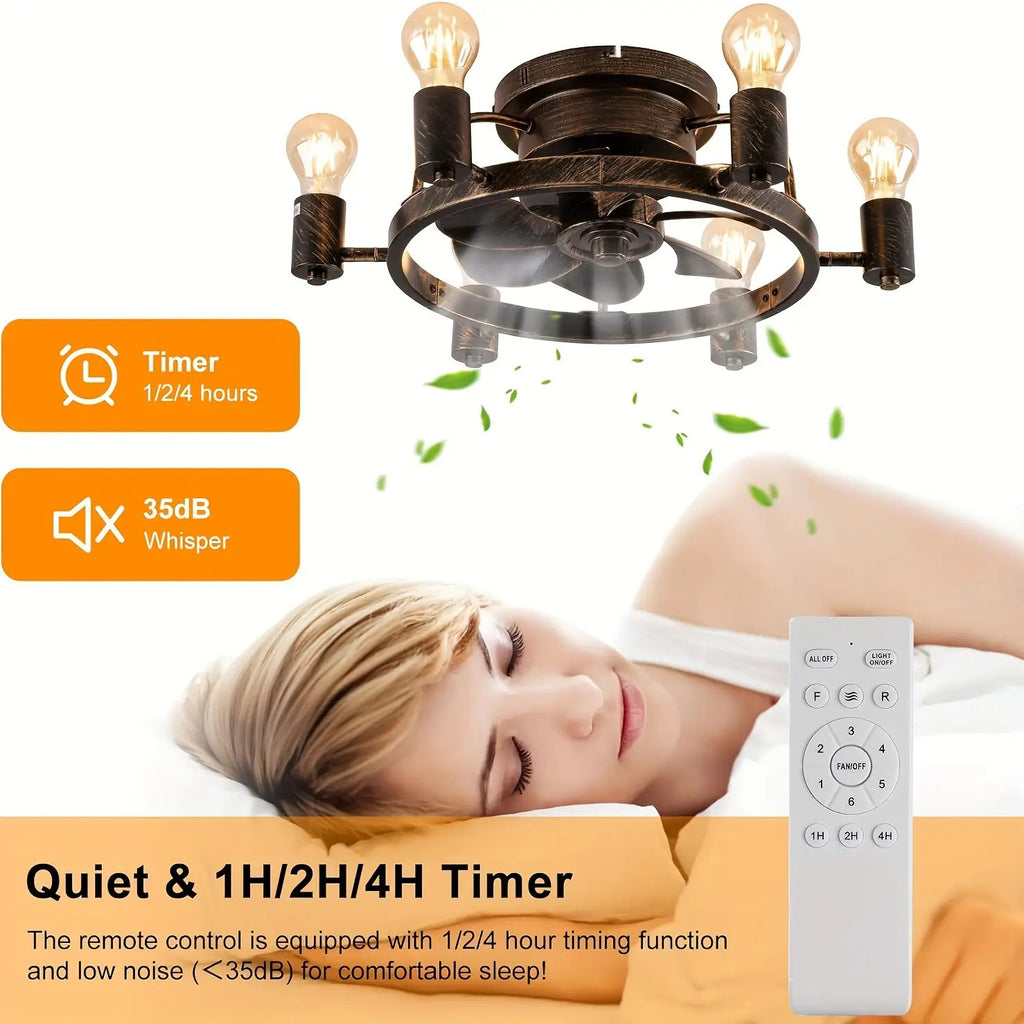 20 Inch Low Profile Flush Mount Ceiling Fan with Light - Remote Control, 6-Speed Quiet Motor, Timer Function, Reversible Fan & Light Control, Industrial Farmhouse Style for Bedroom, Bronze Finish with Grid Design