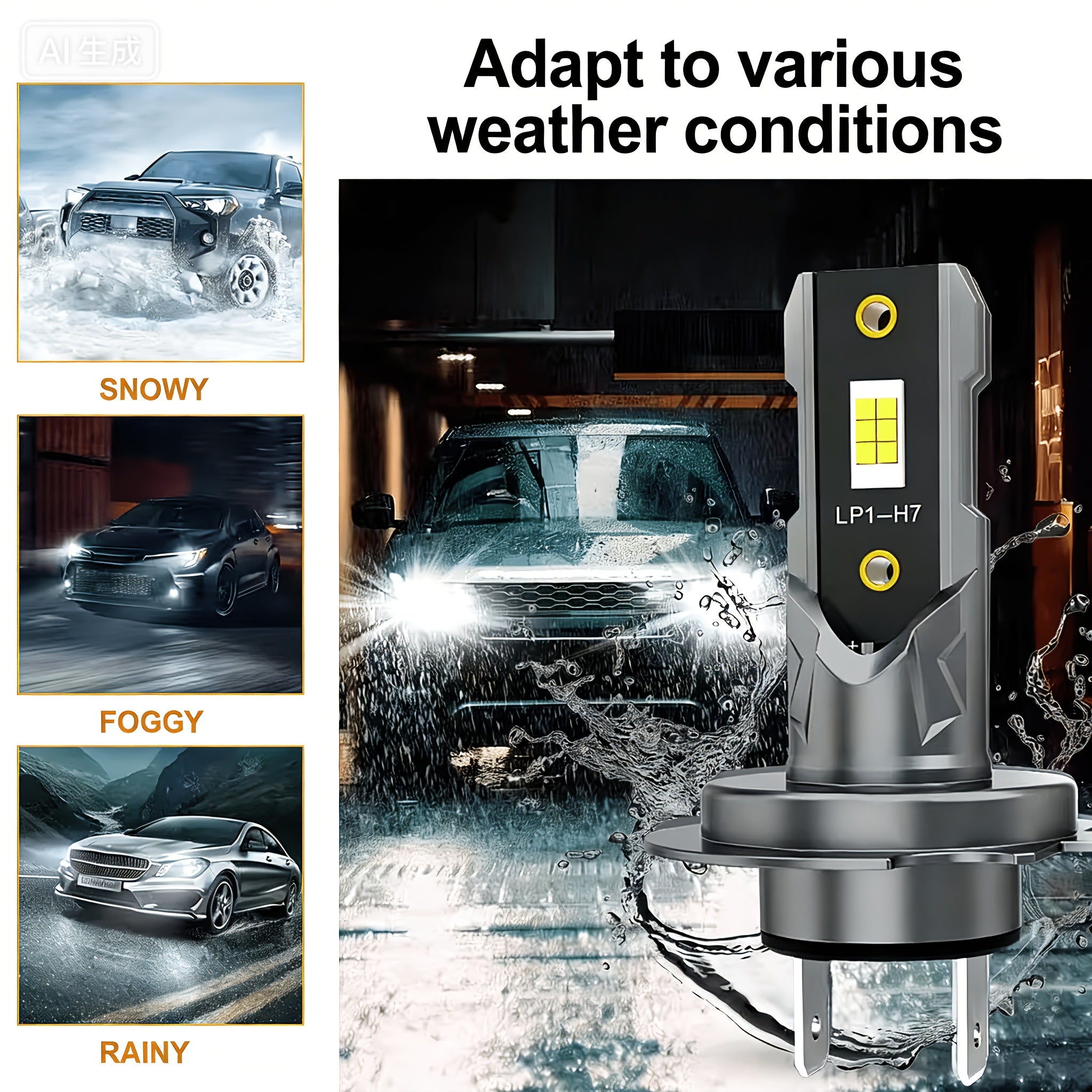 H7 LED Car Headlight Bulb 300W 60000LM Mini H7 Wireless Car Light +800% Brightness Spotlight Car Headlight 12V, No Battery Included