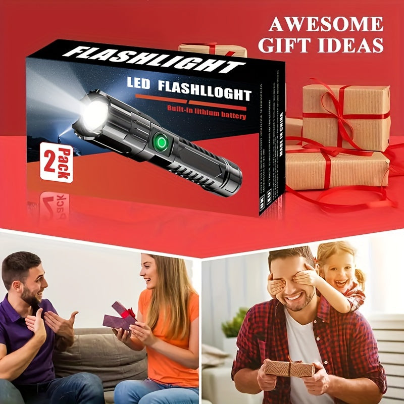 Two Ultra-Bright Flashlights, High Lumen Tactical Flashlight with 3 Modes, Zoomable, Portable Camping Flashlight for Outdoor Hiking & Home Emergency, Built-in Lithium Battery