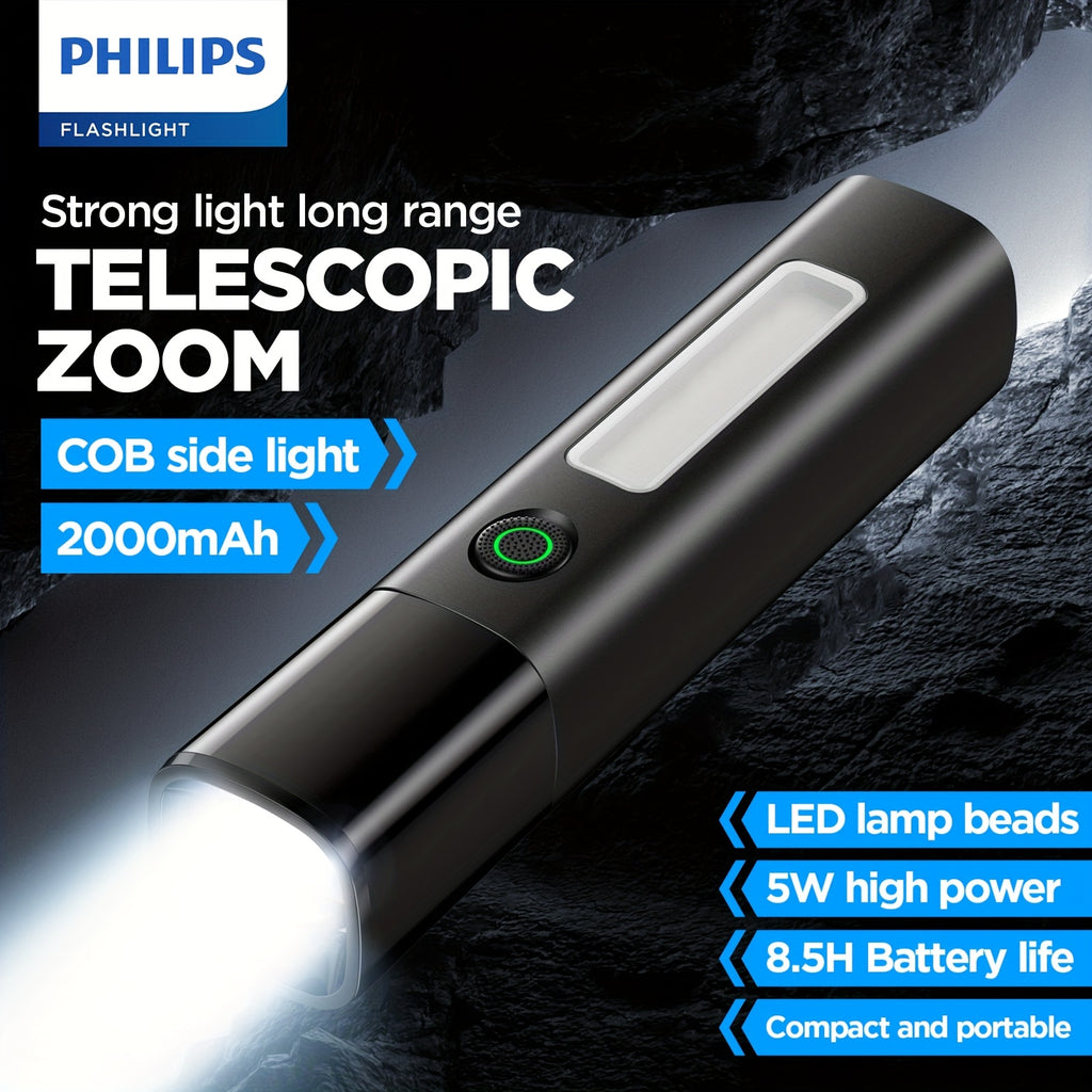 1 Pack Philips Rechargeable Flashlight, High Lumens, Side Light Function, Adjustable Beam Focus, Compact Size for Easy Carrying, Multi-Level Brightness Control, Long-Lasting Battery, Ideal for Home Emergency/Outdoor Camping/Adventure