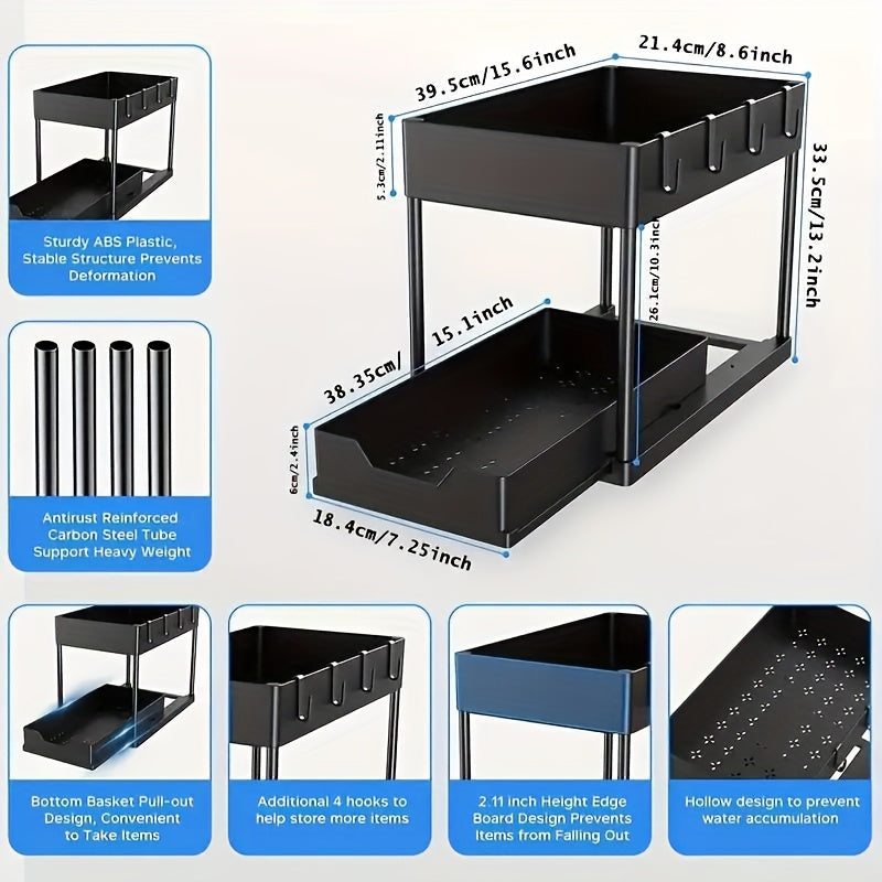 Multi-functional Pull-out Under Sink Organizer and Storage, Suitable for Bathroom & Kitchen, 2-Tier Sliding Cabinet Basket, Bathroom Cabinet Storage Box with Hooks, Storage Cup, Home Kitchen Accessories