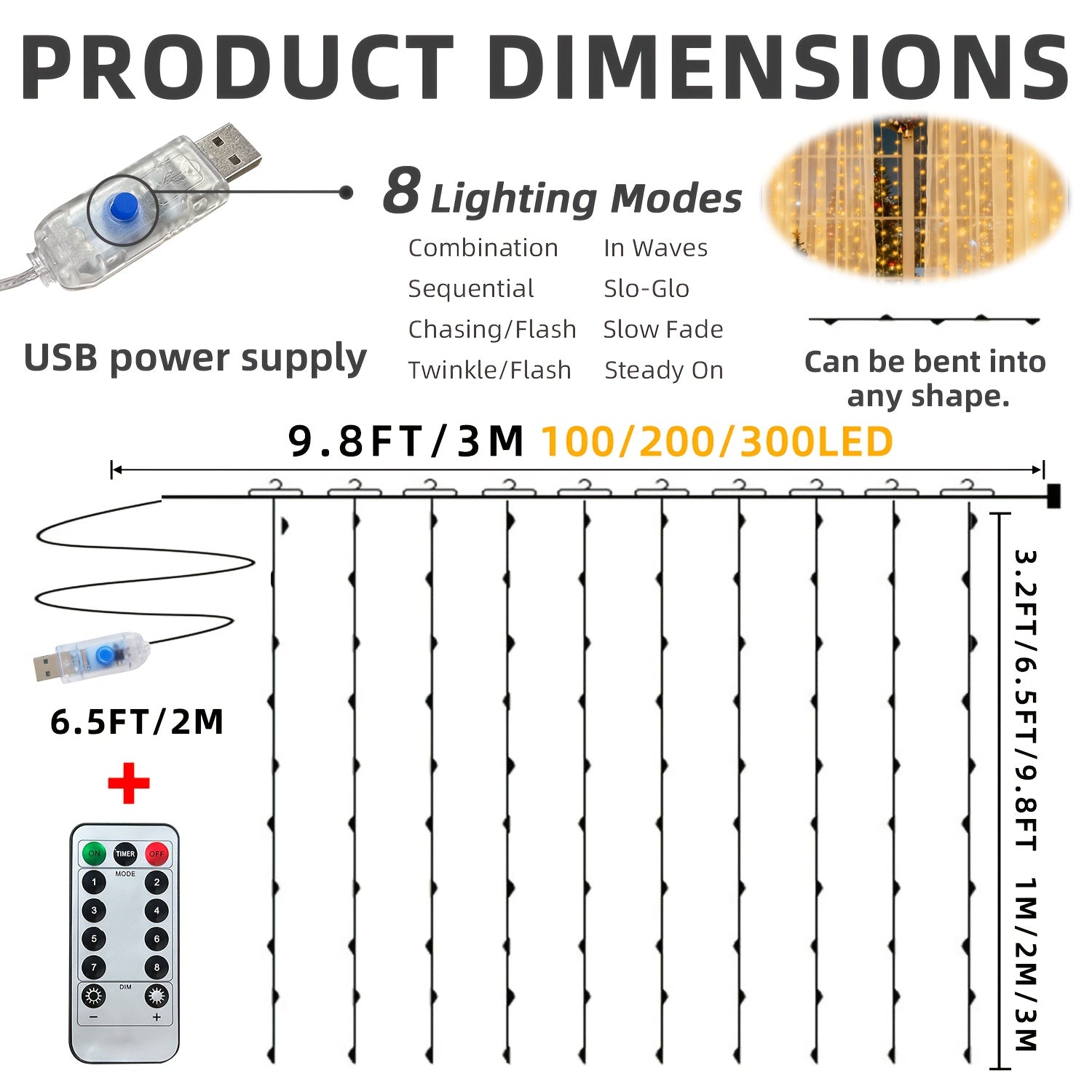 1 Pack LED仙女窗帘灯 300LED 8种灯光模式，USB供电，配备遥控器，带挂钩，圣诞装饰品，适用于室内家居、卧室、婚礼、派对、圣诞节装饰（带定时）