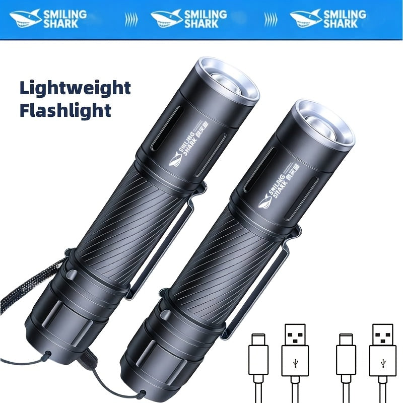 2-Pack Smiling Shark High Lumen LED Flashlights, Rechargeable Handheld Work Light, Super Bright Torch with Portable Clip Spotlight, 3 Lighting Modes, Type-C Fast Charge, for Camping Hiking Emergency SD7115