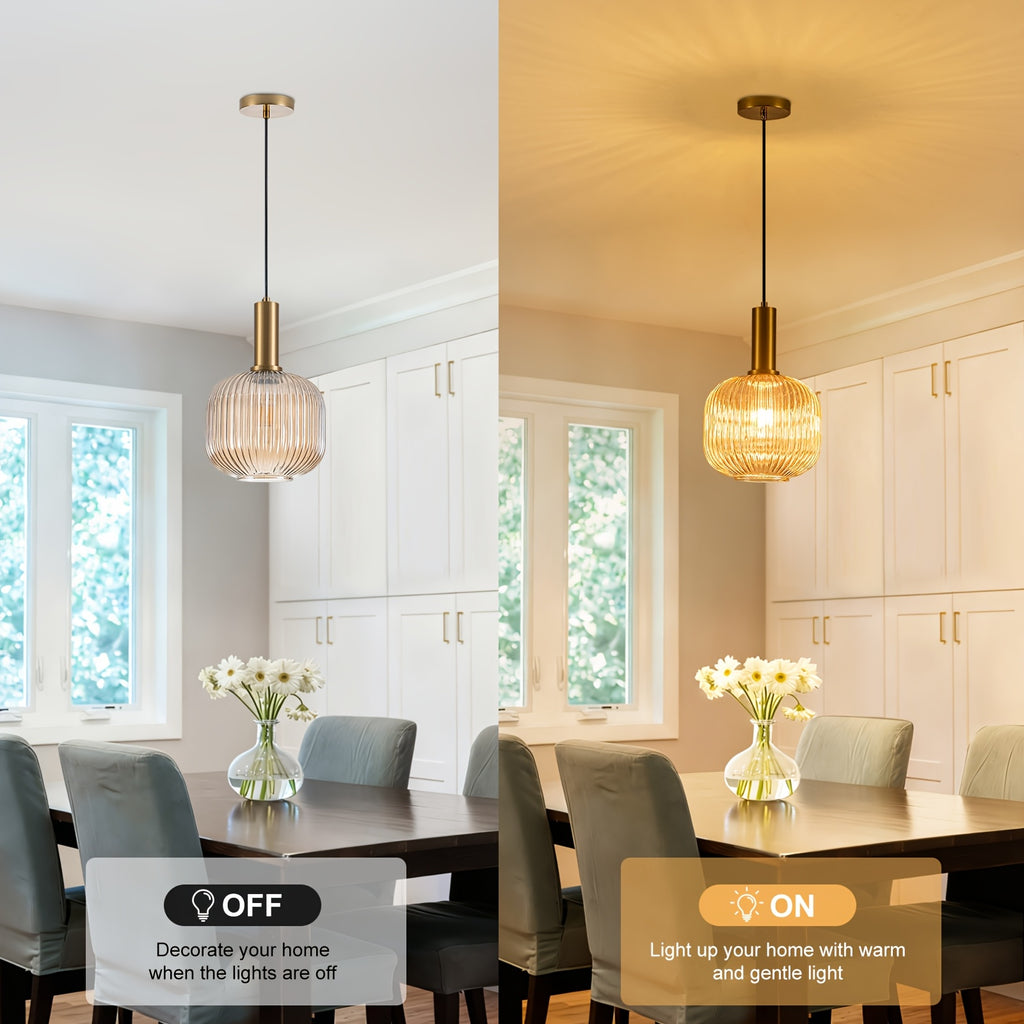 Single-Pack Amber Pendant Light, Compatible with E26 Screw-in 3-Color Bulb, Metal Base Glass Shade Height-Adjustable Ceiling Light, Vintage Kitchen Island Pendant Light Two Colors Optional, for Room Lighting, Hotel Decoration