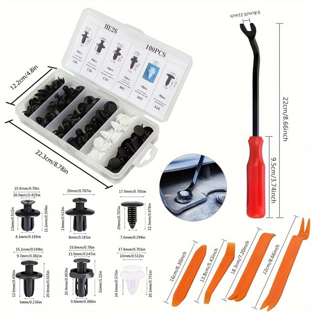 105件套汽车紧固件，含拆卸工具，采用通用尼龙塑料铆钉和卡扣，适用于车门面板和车辆装饰件维修