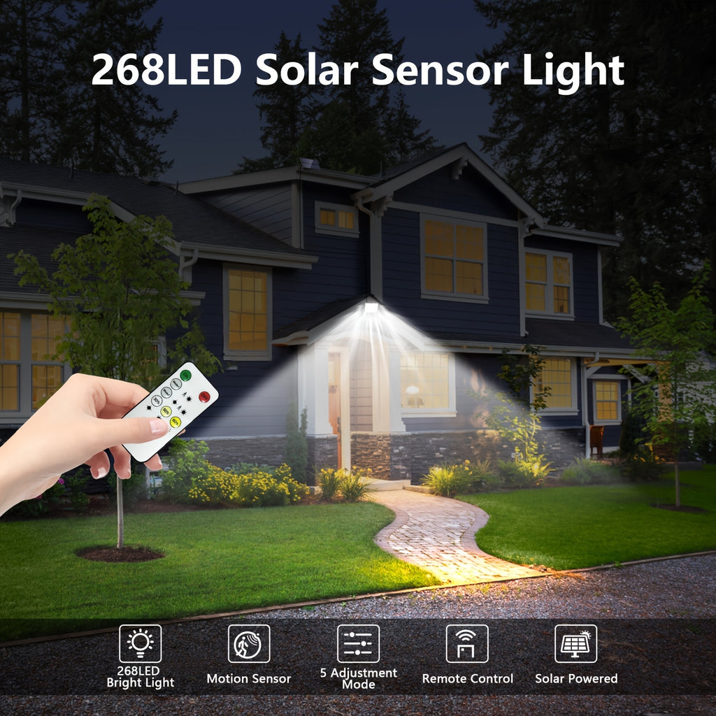 1/2 Pack Solar Outdoor Light, IP65 Solar LED Spotlight with 5 Lighting Modes / 196.85-Inch Cable, 268 LED High-Brightness Security Light with Remote Control, Motion Sensor Floodlight Wall Light with 3 Modes, Perfect for Garden, Courtyard, Pathway
