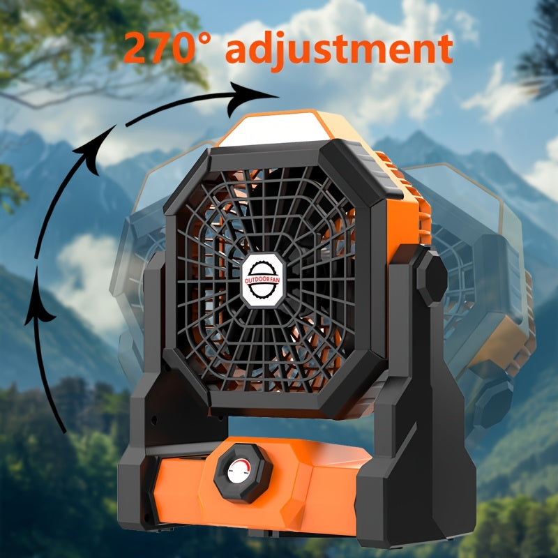 USB Rechargeable Outdoor Camping Fan, Large Capacity Battery, 5-25 Hours Ultra Long Endurance, Stepless Speed Regulation, 3 Levels LED Lighting, 270° Adjustable Angle, Desktop & Tent Hanging Dual Use, Portable High Power Charging Fan Ideal for Summer