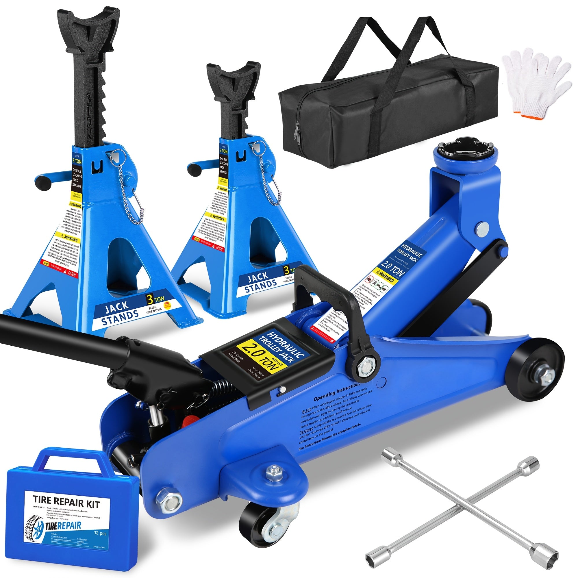 2/2.5/3 Ton Capacity Low-Profile Garage Hydraulic Jack Combo Kit, Optional: 2 Ratchet-Type 3-Ton Jack Stands, Tire Repair Tool Kit, 14-Inch Lug Wrench, Wheel Chocks for SUV/Sedan/Truck