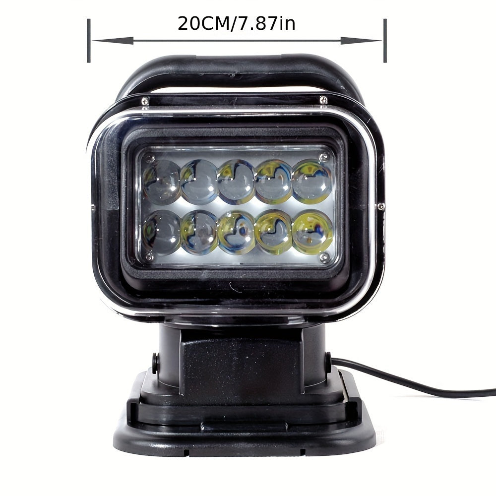 7-inch 50W 3000+ lumen LED searchlight - 360° rotating remote control work light, durable marine-grade housing, 12-24V suitable for off-road vehicles, SUVs, ATVs, trucks, sailboats, camping and emergencies, compact design