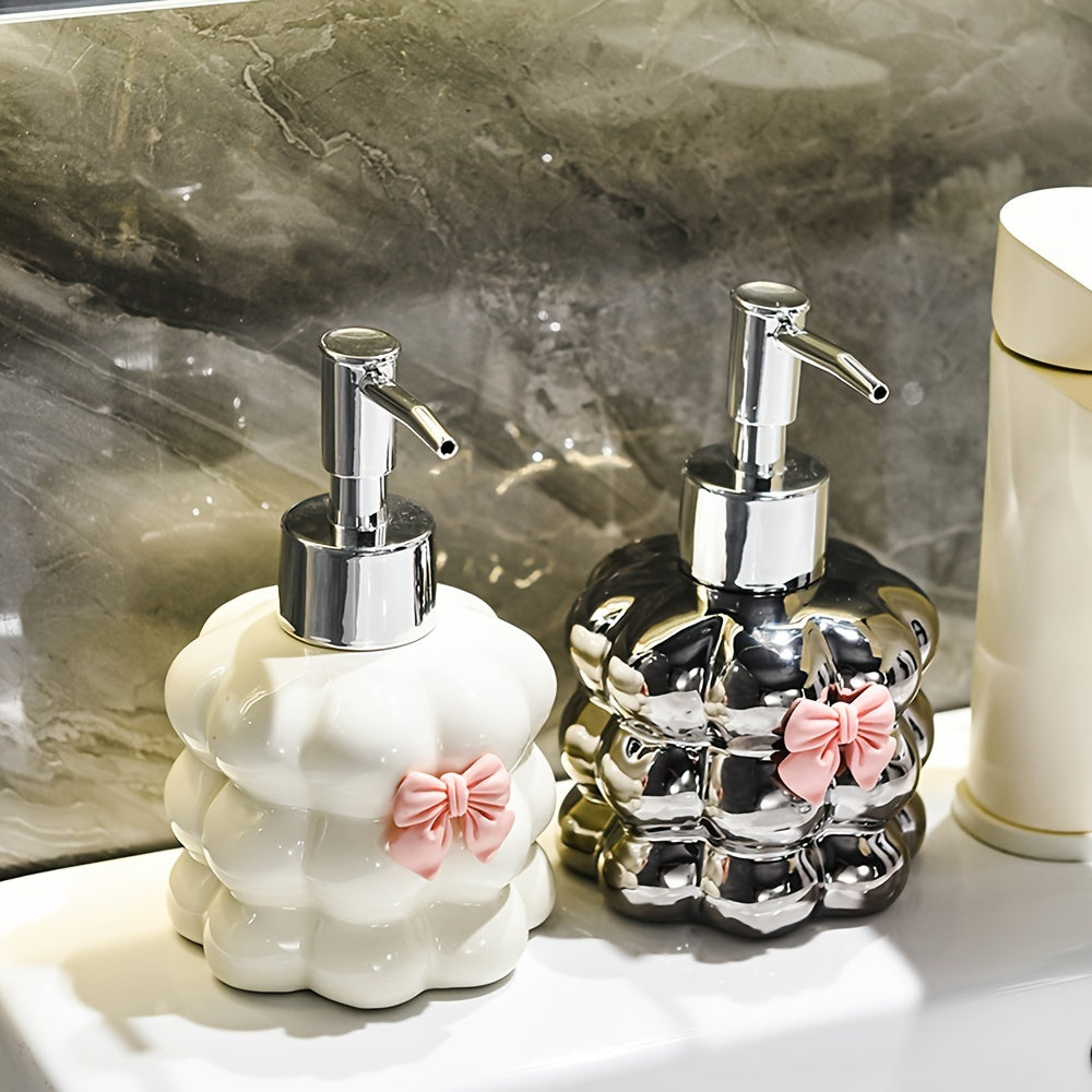 1 Ceramic Flower Design Soap Dispenser - Elegant Countertop Lotion & Shampoo Bottle, Refillable for Bathroom, 8.45oz, White with Pink Bow Accent, Perfect for Hand Soap or Body Wash, Bathroom Soap Dispenser