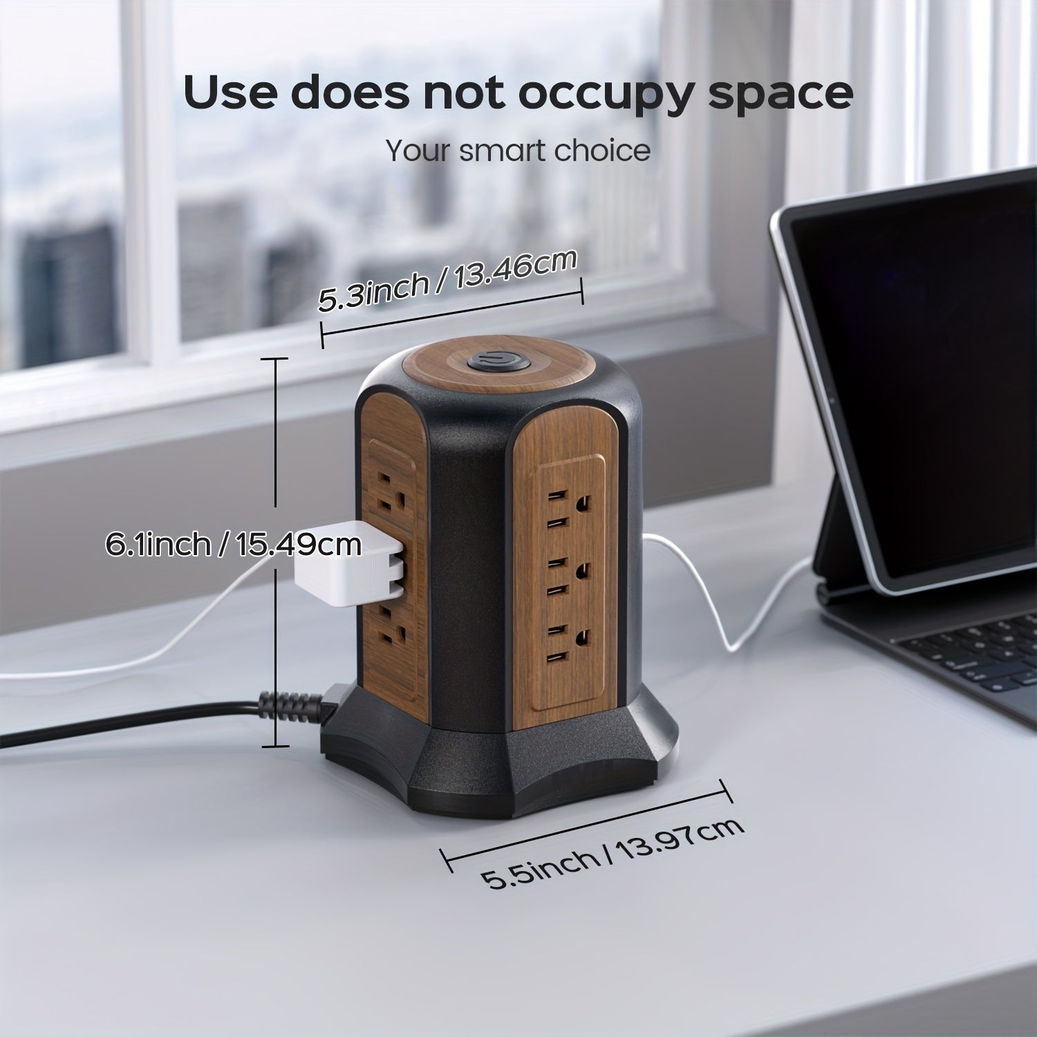 13-in-1 PD Power Strip Tower Surge Protector USB C Desktop Charging Station With 9 Widely Spaced AC Outlets 2 USB-C 2 USB-A Ports 8.8ft Heavy-Duty Extension Cord For Home Office Dorm Bedroom Kitchen Garage, Wood Grain