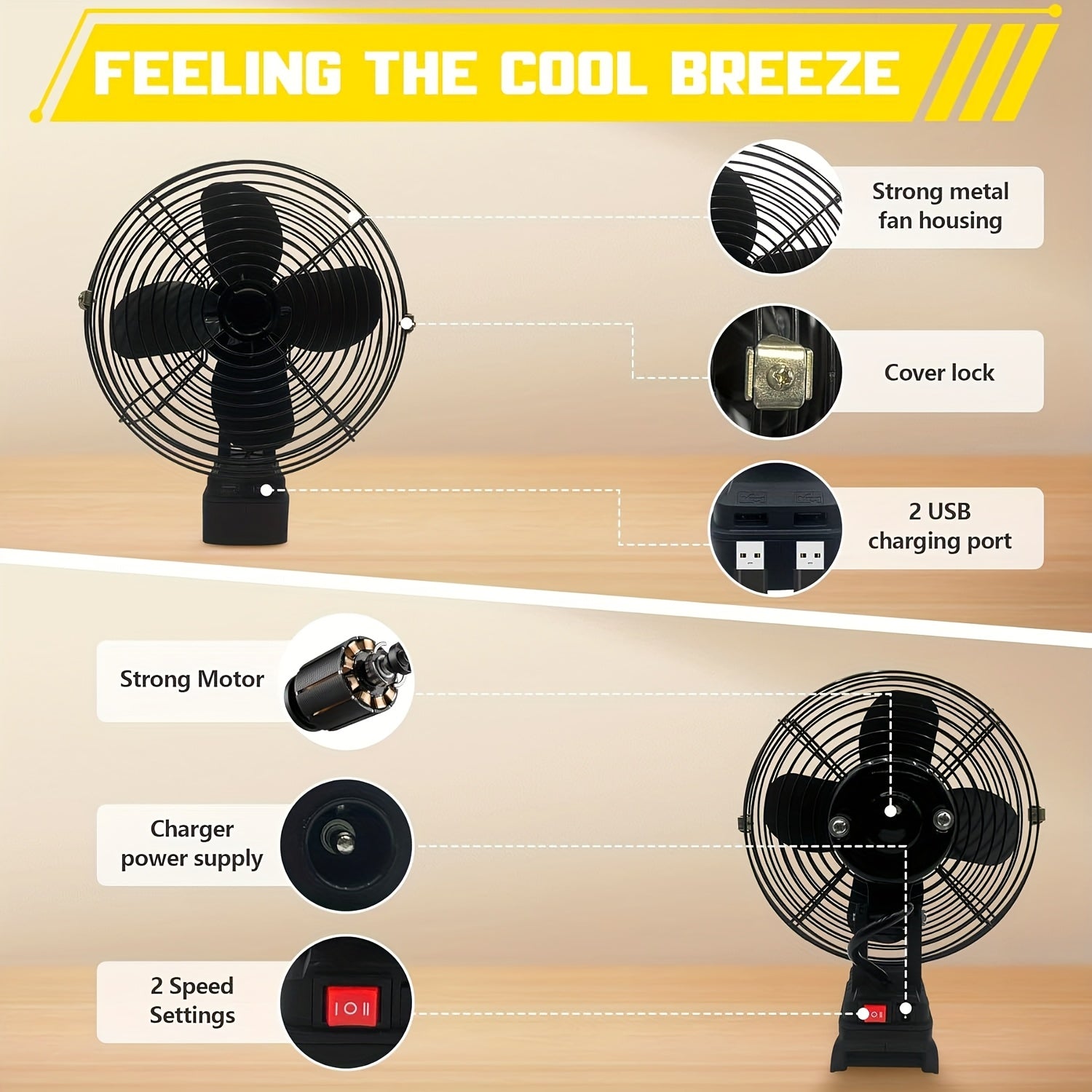 Portable RV Fan, Cordless Fan with Low Voltage Protection, Dual USB Ports (No Battery), Ideal for RV Kitchen Use