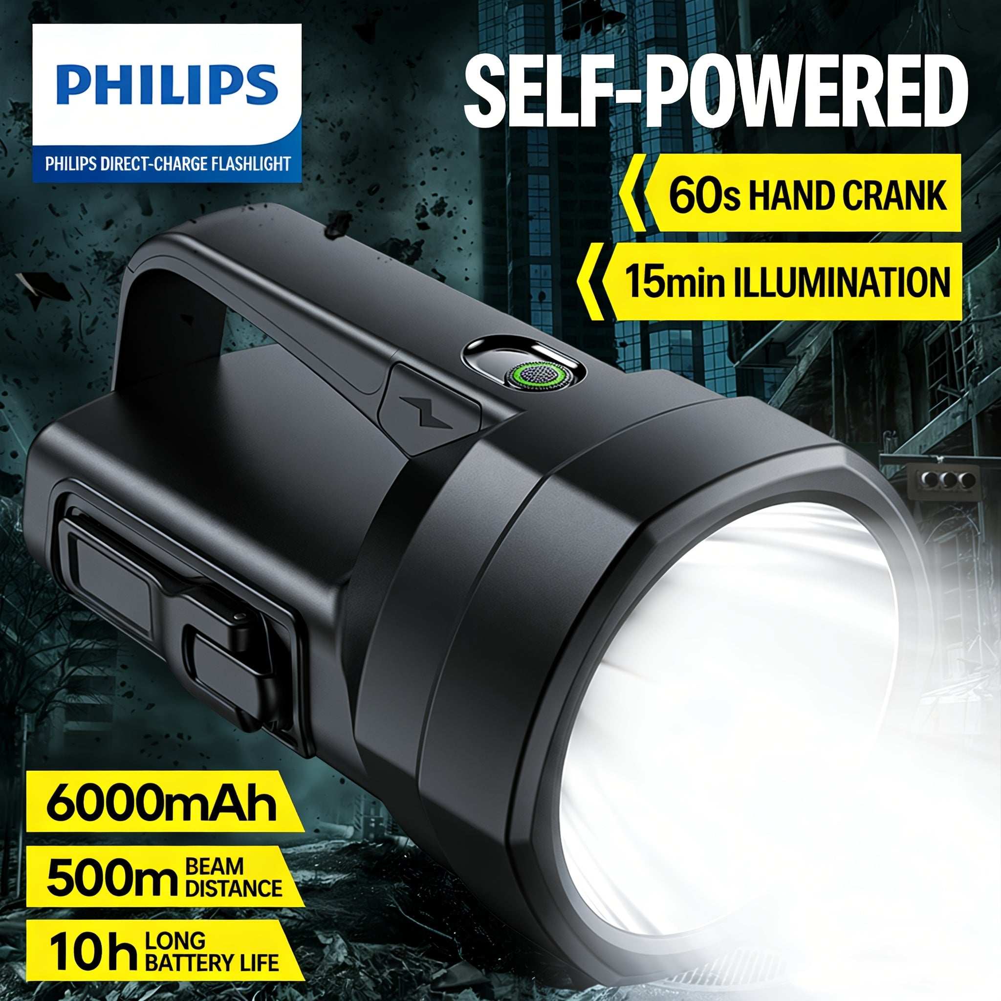Philips High Lumen Flashlight, Hand Crank Emergency Function, 5 Adjustable Lighting Modes, High Capacity Battery for Long-Lasting Runtime, COB Side Light, Ideal for Fishing, Emergencies, Outdoor Activities, Camping & Home Use