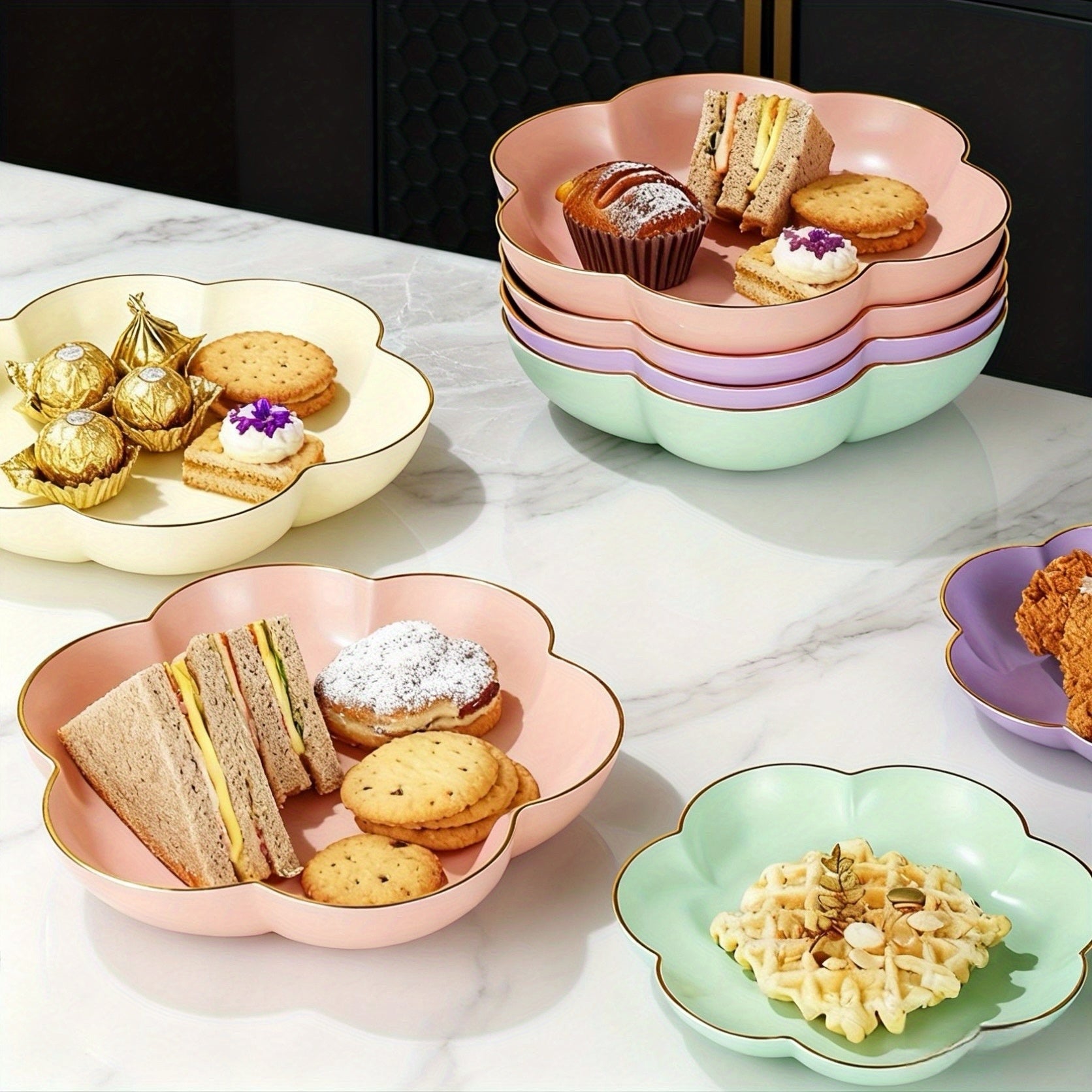 3-Piece Gold Rim Floral Fruit Bowl & Cake Stand Tray Set, New Year Candy Tray – Perfect for Afternoon Tea or Party Food, Outdoor, Hotel – Ideal for Living Room Decor, Family Dinner Table Fruit Bowl, Dessert Plate
