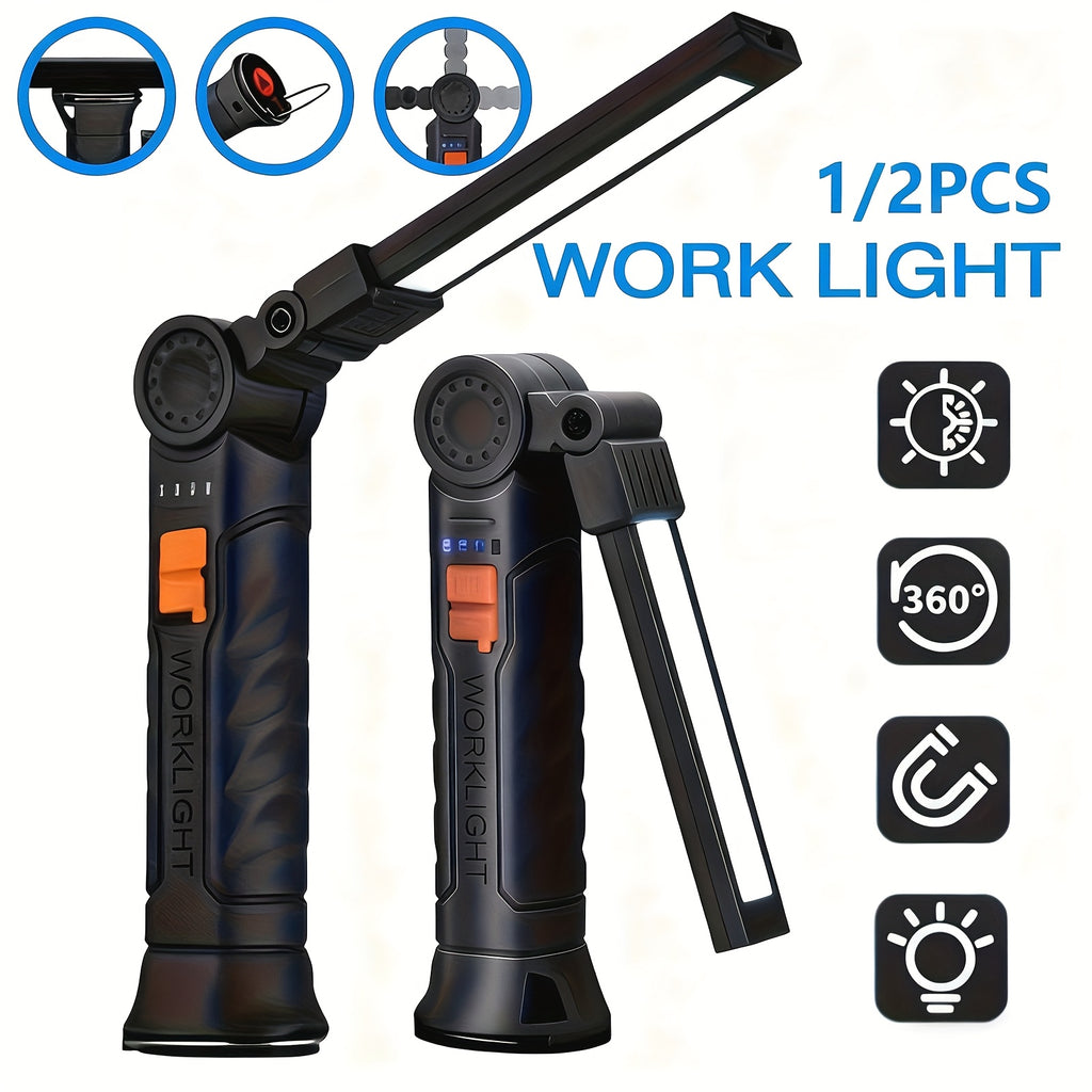 1/2Pcs Magnetic Base LED Work Light, Type-C Rechargeable, 4 Lighting Modes 360° Rotatable High Bright Flashlight, Multipurpose for Repair Outdoor Christmas Gift Men Gift