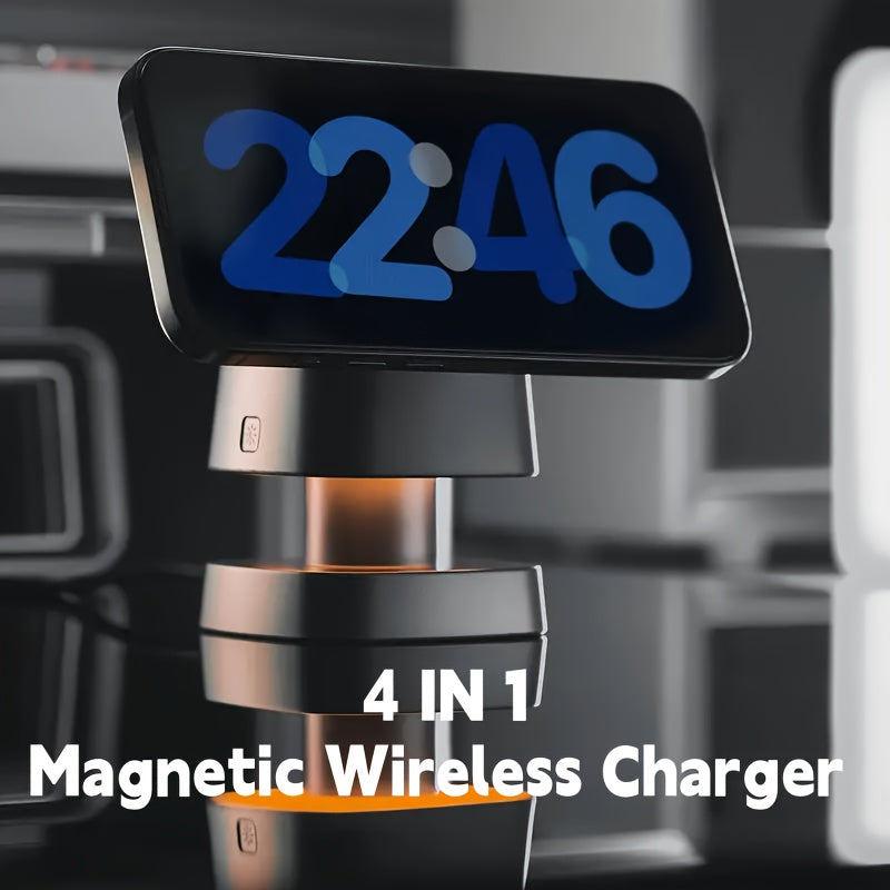 4-in-1 Wireless Charger with Bedside Warm Light | Two Brightness Levels, Night Light, Phone Stand, USB Type-C, Magnetic, Perfect for Home, Office, and Gift