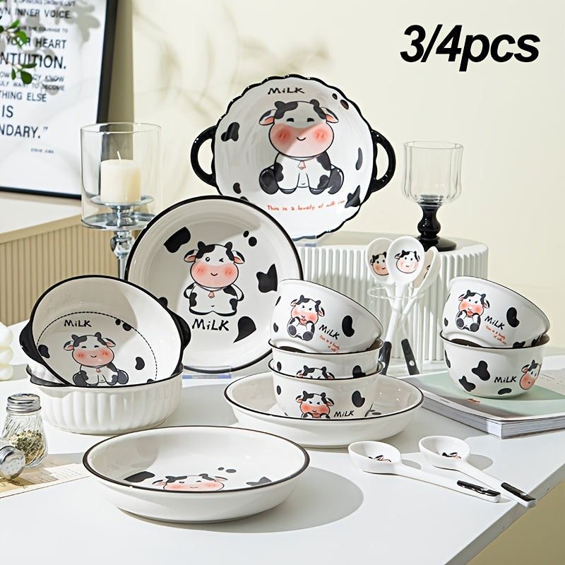 DUDU Cow Ceramic Dinnerware – 3/4pcs, Cute Cartoon Style, Rice Bowl / Salad Bowl / Soup Bowl / Handle Bowl, Small Spoon – Perfect for Dormitory or College Students