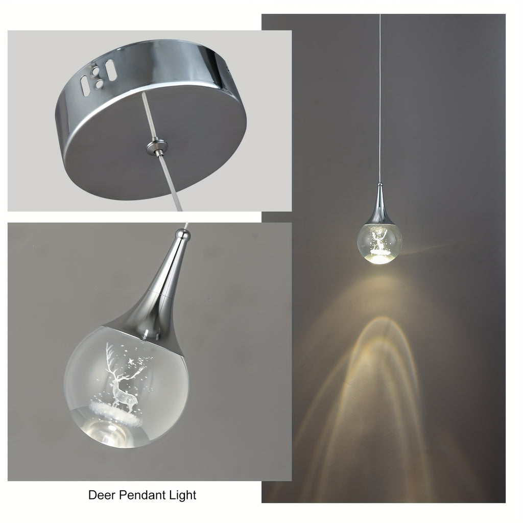 Modern chrome gold spherical LED pendant light, with 3D antler crystal lampshade — adjustable hanging height, warm light 3200K, suitable for kitchen island, dining room or bar, elegant droplet shape, kitchen island lighting