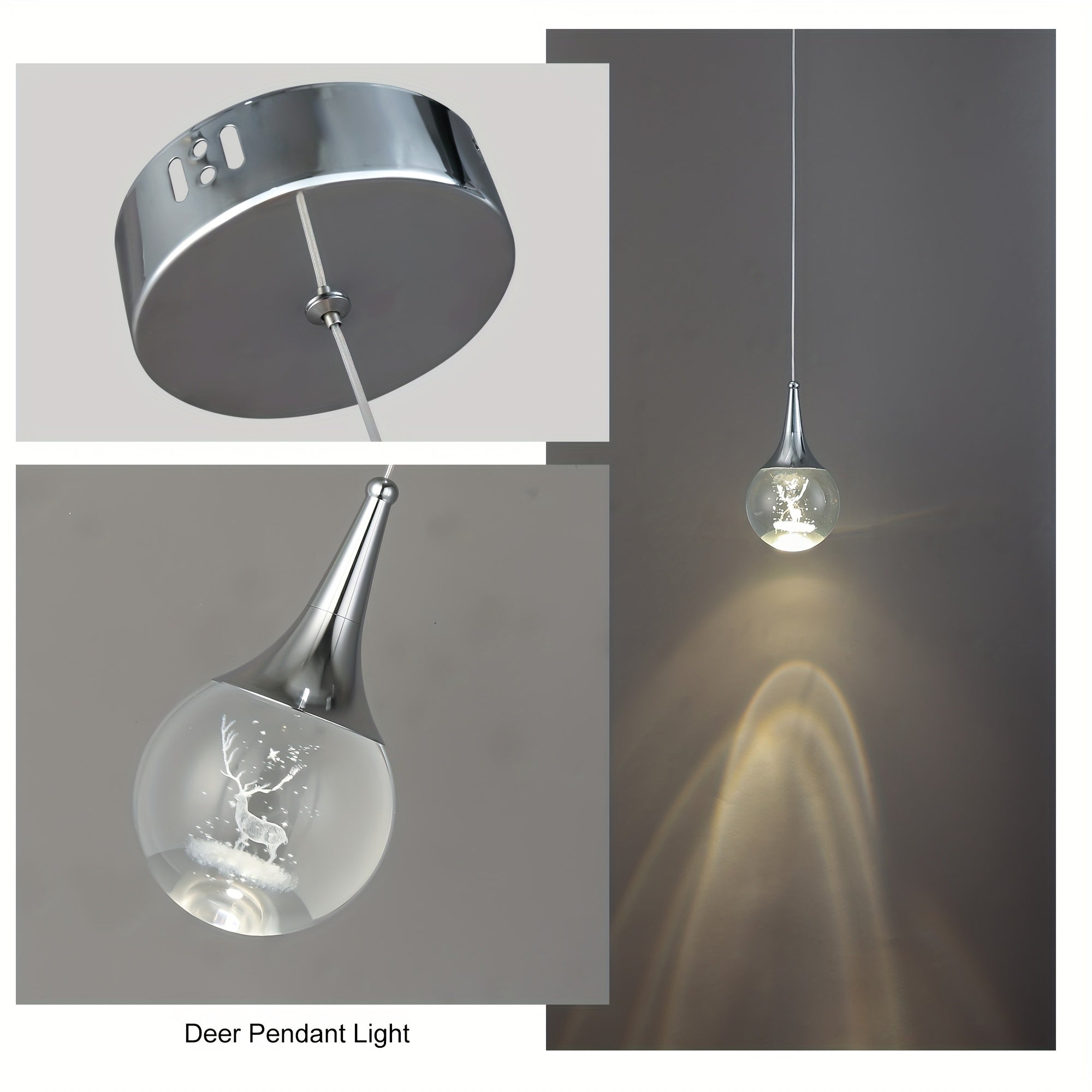 Modern chrome gold spherical LED pendant light, with 3D antler crystal lampshade — adjustable hanging height, warm light 3200K, suitable for kitchen island, dining room or bar, elegant droplet shape, kitchen island lighting