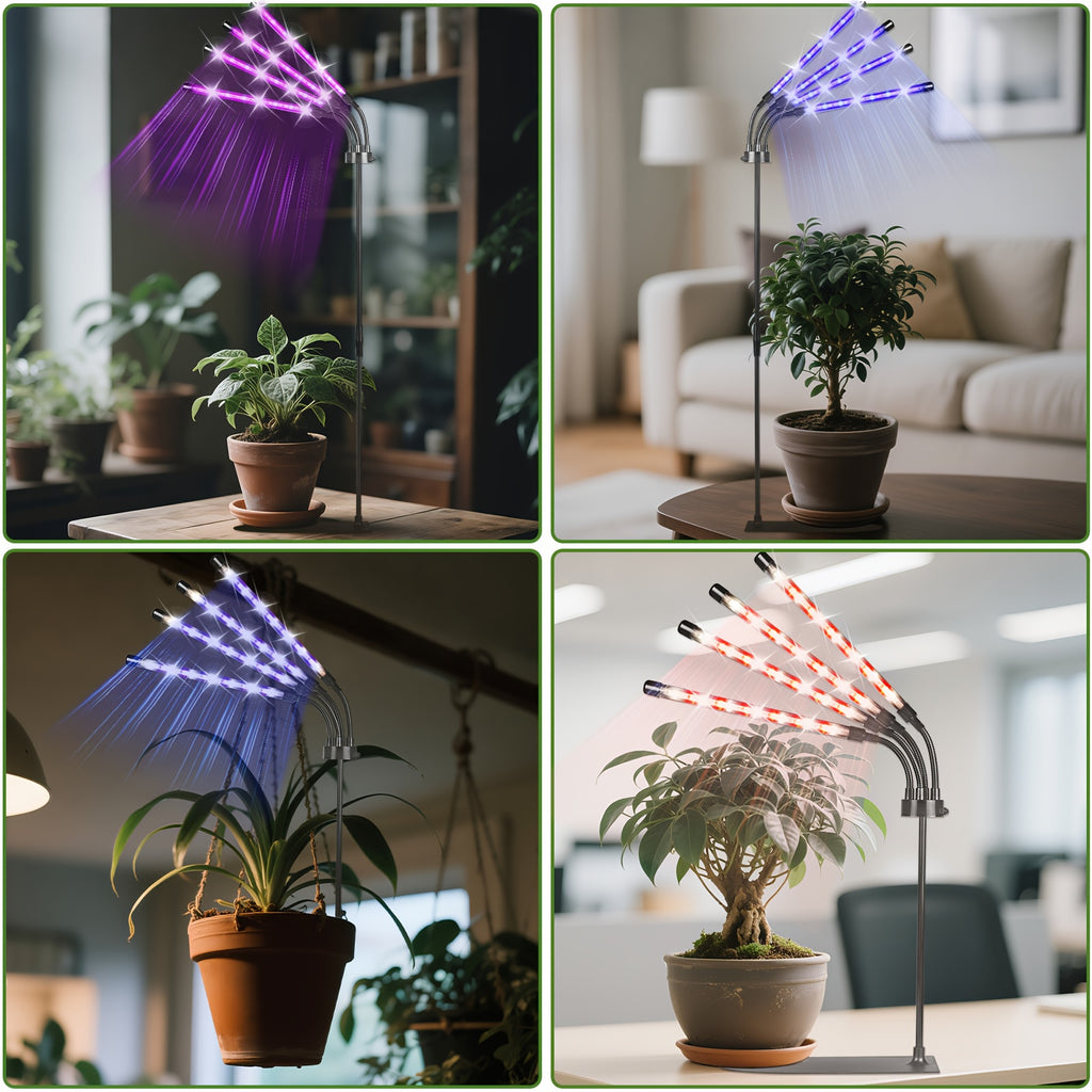 4-Head Plant Grow Light with Base, White & Warm White Spectrum for Indoor Plants, 10 Brightness Levels, 3/9/12H Timer, 3 Switch Modes, Adjustable Gooseneck, Ideal for All Kinds of Indoor Plant Growth