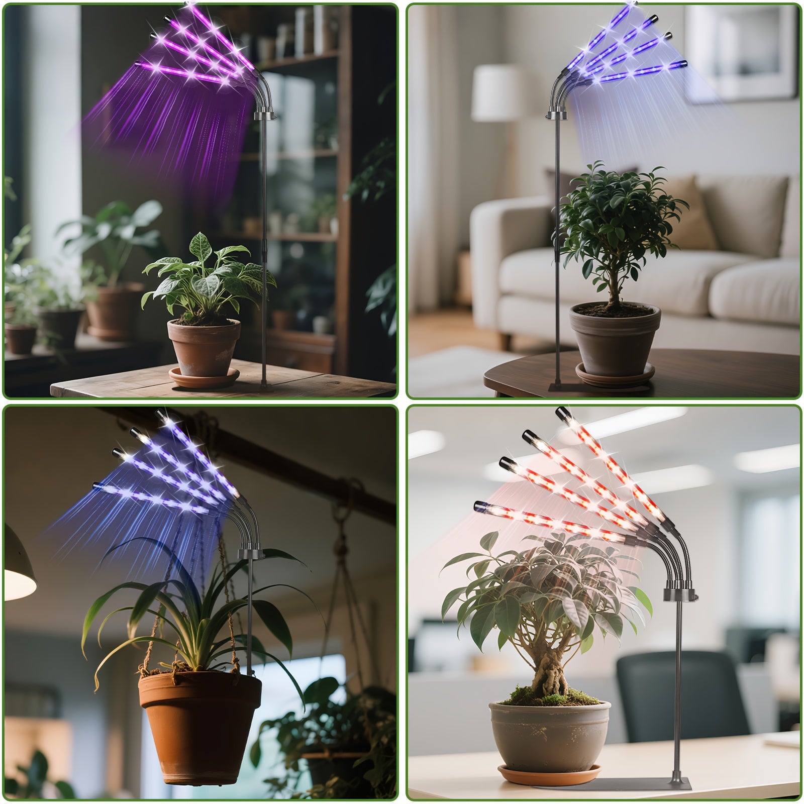 4-Head Plant Grow Light with Base, White & Warm White Spectrum for Indoor Plants, 10 Brightness Levels, 3/9/12H Timer, 3 Switch Modes, Adjustable Gooseneck, Ideal for All Kinds of Indoor Plant Growth