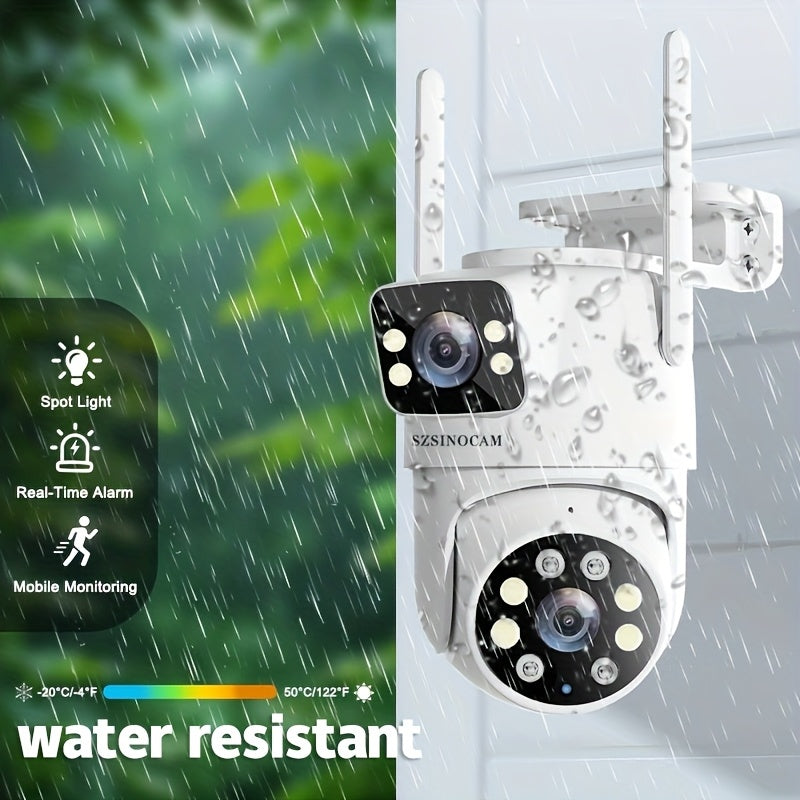 IP66 双镜头户外 WiFi 安防摄像头 2.4GHz 无线 IP 摄像机 AI 人形追踪 全彩夜视 双向语音 云台旋转 家庭监控