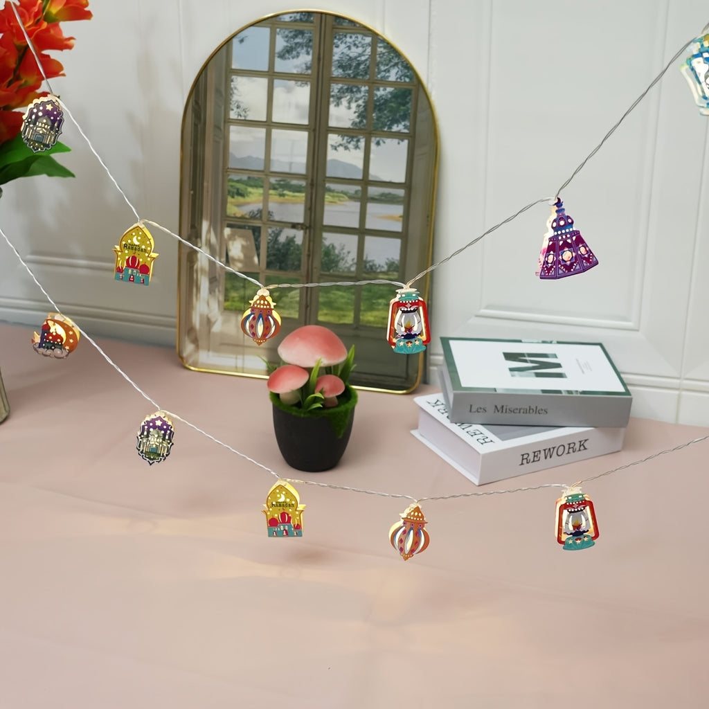 1PC 色彩缤纷的 LED 照明中东和印度风格灯笼串灯- 59 英寸，带有 10 个 LED 灯，电池供电（不含电池），充满活力的阿拉伯宫殿设计，带有彩色玻璃图案,非常适合斋戒月装饰、穆斯林节日、家庭氛围和伊斯兰庆祝活动、商业装饰、婚礼、斋月节，情人节，酒吧、随机风格
