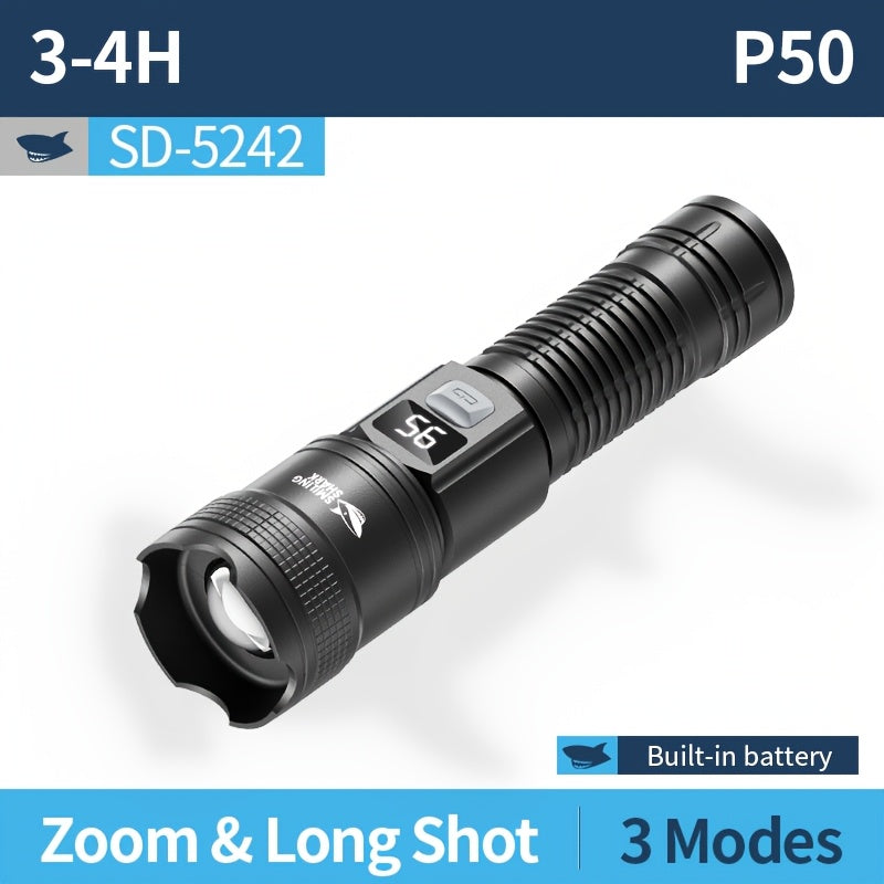 1Pc SMILING SHARK Rechargeable Flashlight, Super Bright Zoomable LED Spotlight with Digital Display, 3 Lighting Modes, Lightweight Portable Handheld Work Light, Type-C Charging, Model SD5242B, for Hiking Camping Fishing Outdoor Emergency