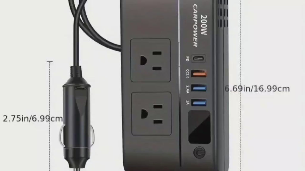 200瓦汽车电源逆变器，DC 12V转AC 110V车载充电适配器带开关和电流LED显示屏，3个USB接口+1个Type-C端口，适用于轿车、SUV及卡车（黑色）