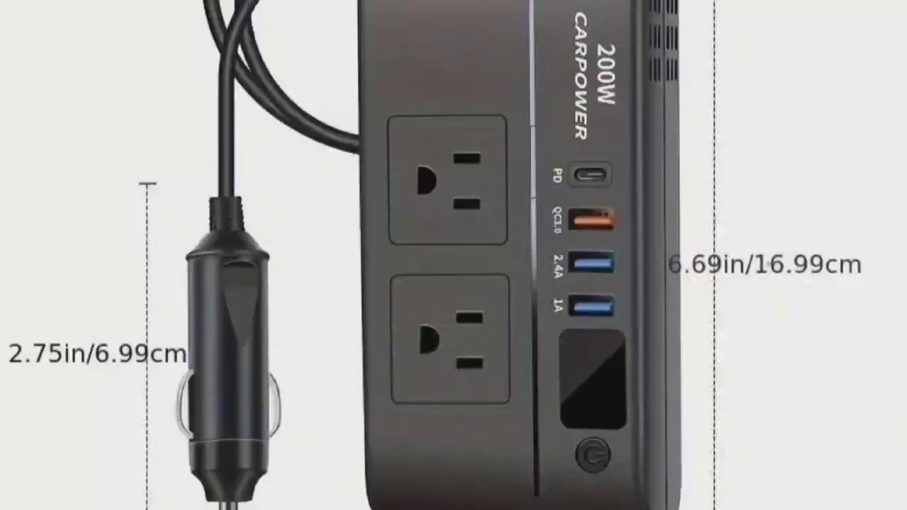 200瓦汽车电源逆变器，DC 12V转AC 110V车载充电适配器带开关和电流LED显示屏，3个USB接口+1个Type-C端口，适用于轿车、SUV及卡车（黑色）