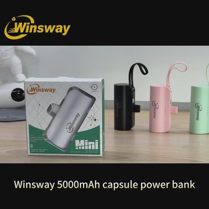 WINSWAY雙口5000毫安膠囊迷你口袋移動電源，便攜快速充電無線手機支架充電器，附Type-C資料線，支援同時為兩部手機充電，相容安卓、三星等裝置，適合旅行、飛機及假日使用。是送給愛美女友的必備好禮